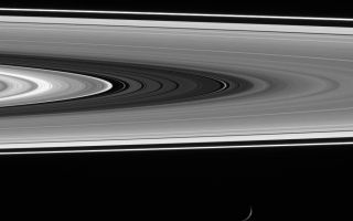 <h1>PIA08827:  A Faint Ring Shines</h1><div class="PIA08827" lang="en" style="width:800px;text-align:left;margin:auto;background-color:#000;padding:10px;max-height:150px;overflow:auto;"><p>A recently discovered diffuse ringlet shines brightly in the Cassini Division as Mimas cruises past at bottom.</p><p>Most of the main rings are comprised of particles ranging from marble-size to house-size. In contrast, the brightness of this ringlet (seen right of center) when viewed at a high phase angle (the Sun-Saturn-spacecraft angle) indicates it contains a large quantity of microscopic particles, which were likely generated by the disruption of a larger body. Such an event was probably recent, since this ringlet was not observed by the Voyager spacecraft in 1980 and 1981.</p><p>This view looks toward the lit side of the rings from about 1 degree below the ringplane. Mimas, which is in the foreground between Cassini and the rings, is 397 kilometers (247 miles) wide. See <a href="/catalog/PIA08330">PIA08330</a> and <a href="/catalog/PIA08331">PIA08331</a> for other views of the new ringlet.</p><p>The image was taken in visible light with the Cassini spacecraft wide-angle camera on Nov. 18, 2006 and from a phase angle of 140 degrees. Cassini was then at a distance of approximately 1.2 million kilometers (800,000 miles) from Saturn. Image scale is 7 kilometers (4 miles) per pixel.</p><p>The Cassini-Huygens mission is a cooperative project of NASA, the European Space Agency and the Italian Space Agency. The Jet Propulsion Laboratory, a division of the California Institute of Technology in Pasadena, manages the mission for NASA's Science Mission Directorate, Washington, D.C. The Cassini orbiter and its two onboard cameras were designed, developed and assembled at JPL. The imaging operations center is based at the Space Science Institute in Boulder, Colo.</p><p>For more information about the Cassini-Huygens mission visit <a href="http://saturn.jpl.nasa.gov">http://saturn.jpl.nasa.gov/home/index.cfm</a>. The Cassini imaging team homepage is at <a href="http://ciclops.org">http://ciclops.org</a>.</p><br /><br /><a href="http://photojournal.jpl.nasa.gov/catalog/PIA08827" onclick="window.open(this.href); return false;" title="Voir l'image 	 PIA08827:  A Faint Ring Shines	  sur le site de la NASA">Voir l'image 	 PIA08827:  A Faint Ring Shines	  sur le site de la NASA.</a></div>