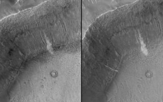 <h1>PIA09027:  New Gully Deposit in a Crater in Terra Sirenum</h1><div class="PIA09027" lang="en" style="width:800px;text-align:left;margin:auto;background-color:#000;padding:10px;max-height:150px;overflow:auto;"><p><a href="/figures/PIA09027_fig1_anno.jpg"></a><a href="/figures/PIA09027_fig2_anno.jpg"></a><a href="/figures/PIA09027_fig3_anno.jpg"></a>Figure A<a href="/figures/PIA09027_fig1_anno.jpg"><br />Annotated Image</a><br /></a><br />Figure B<a href="/figures/PIA09027_fig2_anno.jpg"><br />Annotated Image</a><br /></a><a href="/figures/PIA09027_fig2.jpg">No Annotation</a>Figure C<a href="/figures/PIA09027_fig3_anno.jpg"><br />Annotated Image</a><br /><a href="/figures/PIA09027_fig3.jpg">No Annotation</a></p><p><a href="/figures/PIA09027_fig4_anno.jpg"></a>Figure D<a href="/figures/PIA09027_fig4_anno.jpg"><br />Annotated Image</a></p>Has liquid water flowed on Mars in this decade? </p><p>In June 2000, we reported the discovery, using the Mars Global Surveyor's Mars Orbiter Camera, of very youthful-looking gullies found on slopes at middle and high latitudes on Mars. Since that time, tens of thousands of gullies have been imaged by all of the Mars orbiting spacecraft: Mars Global Surveyor, Mars Odyssey, Mars Express and Mars Reconnaissance Orbiter. </p><p>During the years since the original June 2000 report, the Mars Global Surveyor's camera was used to test the hypothesis that the gullies may be so young that some of them could still be active today. The test was very simple: re-image gullies previously seen by the camera and see if anything has changed. </p><p>In two cases, something changed. One of those cases is presented here. A gully on the wall of an unnamed crater in Terra Sirenum, at 36.6 degrees south, 161.8 degrees west, was initially imaged by the camera on Dec. 22, 2001 (Figure A, left). It showed nothing noteworthy at the location where a change would later be observed, but a group of nearby gullies exhibited an unusual patch of light-toned material. As part of our routine campaign to re-image gully sites using the camera, another image of this location was acquired on April 24, 2005. A new light-toned deposit had appeared in what was otherwise a nondescript gully (Figure A, right). This deposit was imaged again by the camera on Aug. 26, 2005, at a time when the sun angle and season were the same as in the original December 2001 image, to confirm that indeed the light-toned feature was something new, not just a trick of differing lighting conditions. In August 2005, the feature was still present. </p><p>Figure A: This set of images shows a comparison of the gully site as it appeared on Dec. 22, 2001 (left), with a mosaic of two images acquired after the change occurred (the two images are from Aug. 26, 2005, and Sept. 25, 2005). Sunlight illuminates each scene from the northwest (top left). The 150-meter scale bar represents 164 yards. </p><p>Figure B: This is a mosaic of images that cover the entire unnamed crater in Terra Sirenum. The location of the light-toned gully deposits, old and new, is indicated. This is a mosaic of images acquired by the camera in 2005 and 2006. The 500-meter scale bar equals approximately 547 yards. </p><p>Figure C: This image shows an enlargement of a portion of another image from August 2005, showing details of the new, light-toned gully deposit. The new material covers the entire gully floor, from the point at which the gully emerged from beneath a mantled slope, down to the spot at which the channel meets the crater floor. At this break in slope, the gully material, as it was emplaced, spread out into five or six different fingers (this is called a "digitate" termination as in finger digits). The 75-meter scale bar represents a distance of about 82 yards. </p><p>Figure D: To confirm that the new, light-toned gully deposit is not just a trick of changing illumination conditions as the sun rises to different levels in the sky each season, the Mars Orbiter Camera team repeatedly imaged this site throughout 2005 and 2006. Four examples are shown here, acquired in April 2005, August 2005, February 2006 and April 2006. The "i=" indicates solar-incidence angle, or the height of the sun in the local sky, relative to a case where the sun would be directly overhead (i=0 degrees). Thus, the higher the incidence angle, the lower the sun would appear in the sky to an observer on the ground. </p><p>These images show that a material flowed down through a gully channel, once between December 2001 and April 2005. After the flow stopped, it left behind evidence -- the light-toned deposit. The deposit is thin enough that its thickness cannot be measured in the camera's 1.5-meters-per-pixel images. However, it does exhibit a digitate termination, suggesting that the material flowed in a fluid-like manner down the approximately 25 degree slope before splaying out into multiple small lobes at the point where the crater wall meets the crater floor and the slope suddenly drops to near zero. This deposit, and a similar one in a crater in the Centauri Montes, together suggests that the materials involved were low-volume debris flows containing a mixture of sediment and a liquid that had the physical properties of liquid water. In this case, we propose that the water came from below the surface, emerged somewhere beneath the mantle covering the original crater wall, and then ran down through a previously existing gully channel. No new gully was formed, but an old one was re-activated. </p><p>The light tone of the new gully deposit, and that of the older, neighboring gullies, is intriguing. We cannot know from these images whether the light tone indicates that ice is still present in and on the surface of the deposit. Indeed, ice may not be likely: under present conditions on the surface of Mars, ice would be expected to have sublimed, or vaporized, away fairly shortly after the new deposit formed. However, the light-toned material could be frost that forms and re-forms frequently as trapped water-ice sublimes and "exhales" from within the deposit. Alternatively, the light-tone may result if the deposit consists of significantly finer grains (for example, fine silt) than the surrounding surfaces, or if the deposit's surface is covered with minerals such as salts formed as water evaporated from the material. </p><p>Do these images prove that water has flowed on Mars? No, they cannot. However, they provide the first very tantalizing evidence that this may have occurred. While the surface environment on Mars is extremely dry, drier than the most arid deserts on Earth, liquid water from beneath the Martian surface may have come out of the ground and flowed across this little portion of the red planet in this decade. </p><p>The Mars Global Surveyor mission is managed for NASA's Office of Space Science, Washington, by NASA's Jet Propulsion Laboratory, Pasadena, Calif., a division of the California Institute of Technology, also in Pasadena. Lockheed Martin Space Systems, Denver, developed and operates the spacecraft. Malin Space Science Systems, San Diego, Calif., built and operates the Mars Orbiter Camera.</p><p>For more information about images from the Mars Orbiter Camera, see <a href="http://www.msss.com/mgs/moc/index.html">http://www.msss.com/mgs/moc/index.html</a>.</p><br /><br /><a href="http://photojournal.jpl.nasa.gov/catalog/PIA09027" onclick="window.open(this.href); return false;" title="Voir l'image 	 PIA09027:  New Gully Deposit in a Crater in Terra Sirenum	  sur le site de la NASA">Voir l'image 	 PIA09027:  New Gully Deposit in a Crater in Terra Sirenum	  sur le site de la NASA.</a></div>