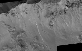 <h1>PIA09029:  Other Martian Gullies with Light-Toned Deposits</h1><div class="PIA09029" lang="en" style="width:800px;text-align:left;margin:auto;background-color:#000;padding:10px;max-height:150px;overflow:auto;"><p><a href="/figures/PIA09029_fig1_anno.jpg"></a><a href="/figures/PIA09029_fig2_anno.jpg"></a><a href="/figures/PIA09029_fig3_anno.jpg"></a>Figure A<a href="/figures/PIA09029_fig1_anno.jpg"><br />Annotated Image</a><br /><br />Figure B<a href="/figures/PIA09029_fig2_anno.jpg"><br />Annotated Image</a><br /></a><a href="/figures/PIA09029_fig2.jpg">No Annotation</a>Figure C<a href="/figures/PIA09029_fig3_anno.jpg"><br />Annotated Image</a><br /><a href="/figures/PIA09029_fig3.jpg">No Annotation</a></p><p>The Mars Global Surveyor (MGS) Mars Orbiter Camera (MOC) captured two examples of gullies on crater walls in which a change occurred between 1999 and 2005. In each case, one in Terra Sirenum (see <a href="/catalog/PIA09027">PIA09027</a> or <a href="http://www.msss.com/mars_images/moc/2006/12/06/gullies/sirenum_crater/index.html">MOC2-1618</a>), the other in the Centauri Montes (see <a href="/catalog/PIA09028">PIA09028</a> or <a href=" http://www.msss.com/mars_images/moc/2006/12/06/gullies/centauri_crater/index.html">MOC2-1619</a>), new light-toned material was deposited during the MGS mission. These new light-toned deposits may be indicators that water flowed at these two gully sites during the past few years. Naturally, a question arises: are there other gullies at which similar light-toned deposits have formed?</p><p>To answer the question, the MOC team at Malin Space Science Systems (MSSS) reviewed every MOC image ever taken of a martian gully. Most of the gullies occur at middle latitudes in both the northern and southern hemispheres. This re-examination turned up several good examples of other light-toned materials deposited in gullies. However, in none of these cases is there a "before" image, with no light-toned material, followed by an "after" image in which new light-toned material had appeared. Thus, one cannot know how long ago these other light-toned deposits formed. However, these are excellent candidates for future monitoring with orbiter cameras that have sufficient spatial resolution to look for new light-toned deposits, should they form during the coming years. Shown here are three of the best examples the MOC team identified. </p><p>Figure A: This image shows several gullies with light-toned material on their floors and deposited in their aprons. This area is located on the northeast wall of Hale Crater near 35.5°S, 35.4°W. The picture is a mosaic of MOC images R07-02277 (acquired 31 July 2003), R13-01791 (acquired 11 January 2004), and S16-01780 (acquired 21 March 2006). The 500 meter scale bar is 547 yards long. </p><p>Figure B: This image shows a portion of the south wall of an unnamed crater on the northern plains of Mars, near 59.0°N, 277.7°W. As in the previous example, the material deposited after movement through the gully channel is light-toned. A portion of another gully is seen on the left edge of the picture. This is a sub-frame of MOC image R01-00902, acquired on 19 January 2003. </p><p>Figure C: This picture is a mosaic of MOC images M11-00286 (acquired 2 January 2000), S13-01274 (acquired 13 December 2005), and R09-01804 (acquired 16 September 2003). The arrows point to several light-toned gully deposits that were observed at this location, the wall of a deep pit formed in a large crater nearly filled with layered, boulder-producing rock. These features are located in Noachis Terra near 47.2°S, 355.8°W. </p><p>The Mars Global Surveyor mission is managed for NASA's Office of Space Science, Washington, by the Jet Propulsion Laboratory, a division of the California Institute of Technology, Pasadena. Lockheed Martin Space Systems, Denver, developed and operates the spacecraft. Malin Space Science Systems, San Diego, Calif., built and operates the Mars Orbiter Camera.</p><p>For more information about images from the Mars Orbiter Camera, see <a href="http://www.msss.com/mgs/moc/index.html">http://www.msss.com/mgs/moc/index.html</a>.</p><br /><br /><a href="http://photojournal.jpl.nasa.gov/catalog/PIA09029" onclick="window.open(this.href); return false;" title="Voir l'image 	 PIA09029:  Other Martian Gullies with Light-Toned Deposits	  sur le site de la NASA">Voir l'image 	 PIA09029:  Other Martian Gullies with Light-Toned Deposits	  sur le site de la NASA.</a></div>