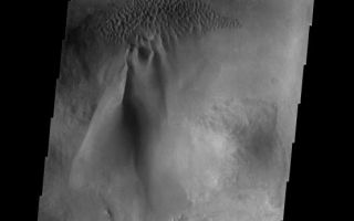 <h1>PIA09292:  Dune Types</h1><div class="PIA09292" lang="en" style="width:554px;text-align:left;margin:auto;background-color:#000;padding:10px;max-height:150px;overflow:auto;"><p><a href="/figures/PIA09292_fig1.jpg"></a><br><b>Context image for PIA09292<br />Dune Types</b></p><p>The floor of this unnamed crater east of Proctor Crater contains two types of dunes. To the north are coalescing small individual dunes. At the southern end of the group of small dunes there is a large linear dune that is becoming a sand sheet.<p>Image information: VIS instrument. Latitude -48.6N, Longitude 39.0E. 17 meter/pixel resolution.</p><p>Please see the <a href="http://themis.asu.edu/terms" target="_blank">THEMIS Data Citation Note</a> for details on crediting THEMIS images.</p><p>Note: this THEMIS visual image has not been radiometrically nor geometrically calibrated for this preliminary release. An empirical correction has been performed to remove instrumental effects. A linear shift has been applied in the cross-track and down-track direction to approximate spacecraft and planetary motion. Fully calibrated and geometrically projected images will be released through the Planetary Data System in accordance with Project policies at a later time.</p><p>NASA's Jet Propulsion Laboratory manages the 2001 Mars Odyssey mission for NASA's Office of Space Science, Washington, D.C. The Thermal Emission Imaging System (THEMIS) was developed by Arizona State University, Tempe, in collaboration with Raytheon Santa Barbara Remote Sensing. The THEMIS investigation is led by Dr. Philip Christensen at Arizona State University. Lockheed Martin Astronautics, Denver, is the prime contractor for the Odyssey project, and developed and built the orbiter. Mission operations are conducted jointly from Lockheed Martin and from JPL, a division of the California Institute of Technology in Pasadena.</p><br /><br /><a href="http://photojournal.jpl.nasa.gov/catalog/PIA09292" onclick="window.open(this.href); return false;" title="Voir l'image 	 PIA09292:  Dune Types	  sur le site de la NASA">Voir l'image 	 PIA09292:  Dune Types	  sur le site de la NASA.</a></div>
