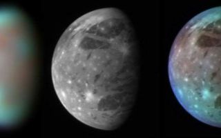 <h1>PIA09356:  Ganymede in Visible and Infrared Light</h1><div class="PIA09356" lang="en" style="width:800px;text-align:left;margin:auto;background-color:#000;padding:10px;max-height:150px;overflow:auto;"><p>This montage compares New Horizons' best views of Ganymede, Jupiter's largest moon, gathered with the spacecraft's Long Range Reconnaissance Imager (LORRI) and its infrared spectrometer, the Linear Etalon Imaging Spectral Array (LEISA). <p></p>LEISA observes its targets in more than 200 separate wavelengths of infrared light, allowing detailed analysis of their surface composition. The LEISA image shown here combines just three of these wavelengths -- 1.3, 1.8 and 2.0 micrometers -- to highlight differences in composition across Ganymede's surface. Blue colors represent relatively clean water ice, while brown colors show regions contaminated by dark material.<p></p>The right panel combines the high-resolution grayscale LORRI image with the color-coded compositional information from the LEISA image, producing a picture that combines the best of both data sets.<p></p>The LEISA and LORRI images were taken at 9:48 and 10:01 Universal Time, respectively, on February 27, 2007, from a range of 3.5 million kilometers (2.2 million miles). The longitude of the disk center is 38 degrees west. With a diameter of 5,268 kilometers (3,273 miles), Ganymede is the largest satellite in the solar system.</p><br /><br /><a href="http://photojournal.jpl.nasa.gov/catalog/PIA09356" onclick="window.open(this.href); return false;" title="Voir l'image 	 PIA09356:  Ganymede in Visible and Infrared Light	  sur le site de la NASA">Voir l'image 	 PIA09356:  Ganymede in Visible and Infrared Light	  sur le site de la NASA.</a></div>