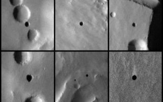 <h1>PIA09929:  Seven Possible Cave Skylights on Mars</h1><div class="PIA09929" lang="en" style="width:800px;text-align:left;margin:auto;background-color:#000;padding:10px;max-height:150px;overflow:auto;"><p><a href="/figures/PIA09929_fig1.jpg"></a><br />Figure 1</p><p>Seven very dark holes on the north slope of a Martian volcano have been proposed as possible cave skylights, based on day-night temperature patterns suggesting they are openings to subsurface spaces. These six excerpts of images taken in visible-wavelength light by the Thermal Emission Imaging System camera on NASA's Mars Odyssey orbiter show the seven openings.  Solar illumination comes from the left in each frame. The volcano is Arsia Mons, at 9 degrees south latitude, 239 degrees east longitude.</p><p>The features have been given informal names to aid comparative discussion (see figure 1). They range in diameter from about 100 meters (328 feet) to about 225 meters (738 feet). The candidate cave skylights are (A) "Dena," (B) "Chloe," (C) "Wendy," (D) "Annie," (E) "Abby" (left) and "Nikki," and (F) "Jeanne."  Arrows signify north and the direction of illumination.</p><p>Mars Odyssey is managed by NASA's Jet Propulsion Laboratory, a division of the California Institute of Technology, Pasadena, for NASA's Science Mission Directorate, Washington. Lockheed Martin Space Systems, Denver, is the prime contractor for the project and built the spacecraft.  The orbiter's Thermal Emission Imaging System was developed by Arizona State University, Tempe, in collaboration with Raytheon Santa Barbara Remote Sensing, Santa Barbara, Calif., and is operated by Arizona State University.</p><br /><br /><a href="http://photojournal.jpl.nasa.gov/catalog/PIA09929" onclick="window.open(this.href); return false;" title="Voir l'image 	 PIA09929:  Seven Possible Cave Skylights on Mars	  sur le site de la NASA">Voir l'image 	 PIA09929:  Seven Possible Cave Skylights on Mars	  sur le site de la NASA.</a></div>