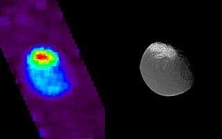 <h1>PIA09970:  Exposing Iapetus' Dark Side</h1><div class="PIA09970" lang="en" style="width:800px;text-align:left;margin:auto;background-color:#000;padding:10px;max-height:150px;overflow:auto;"><p>Images taken with Cassini's ultraviolet imaging spectrograph shed some light on the dark side of Saturn's moon Iapetus. Scientists are trying to figure out what painted Iapetus' dark side. This is one of the biggest mysteries scientists are trying to answer during the upcoming Sept. 10, 2007, flyby. </p><p>The ultraviolet image on the left indicates water ice abundance across the surface: the bright north polar terrain (shown in red) is the iciest region in this view. Away from the pole, as the color shifts to blue, less water ice is present in the surface. The darkest terrain, which includes very little water ice, is shown in light blue. The dark sky background viewed during the observation is shown as purple in this color scheme.</p><p>The ultraviolet-light image was taken during a flyby in December 2004. A visible light image taken on the same date is shown on the right for reference (see <a href="/catalog/PIA06166">PIA06166</a>). </p><p>The Cassini-Huygens mission is a cooperative project of NASA, the European Space Agency and the Italian Space Agency. The Jet Propulsion Laboratory, a division of the California Institute of Technology in Pasadena, manages the mission for NASA's Science Mission Directorate, Washington, D.C. The Cassini orbiter was designed, developed and assembled at JPL. The ultraviolet imaging spectrograph was designed and built at, and the team is based at the University of Colorado, Boulder. The imaging operations center is based at the Space Science Institute in Boulder, Colo. </p><p>For more information about the Cassini-Huygens mission visit <a href="http://saturn.jpl.nasa.gov">http://saturn.jpl.nasa.gov/home/index.cfm</a>. The ultraviolet imaging spectrograph team home page is at <a href="http://lasp.colorado.edu/cassini">http://lasp.colorado.edu/cassini</a>. The Cassini imaging team homepage is at <a href="http://ciclops.org">http://ciclops.org</a>.</p><br /><br /><a href="http://photojournal.jpl.nasa.gov/catalog/PIA09970" onclick="window.open(this.href); return false;" title="Voir l'image 	 PIA09970:  Exposing Iapetus' Dark Side	  sur le site de la NASA">Voir l'image 	 PIA09970:  Exposing Iapetus' Dark Side	  sur le site de la NASA.</a></div>