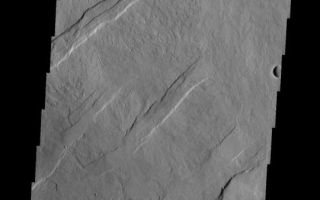 <h1>PIA10052:  Oti Fossae</h1><div class="PIA10052" lang="en" style="width:540px;text-align:left;margin:auto;background-color:#000;padding:10px;max-height:150px;overflow:auto;"><p><a href="/figures/PIA10052_fig1.jpg"></a><br><b>Context image for PIA10052<br />Oti Fossae</b></p><p>These parallel graben [paired faults with a central downdropped block] are located the northeastern flank of Arsia Mons. The graben are aligned with the NE/SW trend of the three Tharsis volcanoes.<p>Image information: VIS instrument. Latitude -8.1N, Longitude 243.8E. 18 meter/pixel resolution.</p><p>Please see the <a href="http://themis.asu.edu/terms" target="_blank">THEMIS Data Citation Note</a> for details on crediting THEMIS images.</p><p>Note: this THEMIS visual image has not been radiometrically nor geometrically calibrated for this preliminary release. An empirical correction has been performed to remove instrumental effects. A linear shift has been applied in the cross-track and down-track direction to approximate spacecraft and planetary motion. Fully calibrated and geometrically projected images will be released through the Planetary Data System in accordance with Project policies at a later time.</p><p>NASA's Jet Propulsion Laboratory manages the 2001 Mars Odyssey mission for NASA's Office of Space Science, Washington, D.C. The Thermal Emission Imaging System (THEMIS) was developed by Arizona State University, Tempe, in collaboration with Raytheon Santa Barbara Remote Sensing. The THEMIS investigation is led by Dr. Philip Christensen at Arizona State University. Lockheed Martin Astronautics, Denver, is the prime contractor for the Odyssey project, and developed and built the orbiter. Mission operations are conducted jointly from Lockheed Martin and from JPL, a division of the California Institute of Technology in Pasadena.</p><br /><br /><a href="http://photojournal.jpl.nasa.gov/catalog/PIA10052" onclick="window.open(this.href); return false;" title="Voir l'image 	 PIA10052:  Oti Fossae	  sur le site de la NASA">Voir l'image 	 PIA10052:  Oti Fossae	  sur le site de la NASA.</a></div>