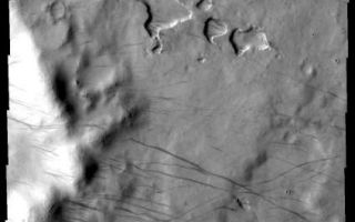 <h1>PIA10286:  Dust Devil Tracks</h1><div class="PIA10286" lang="en" style="width:424px;text-align:left;margin:auto;background-color:#000;padding:10px;max-height:150px;overflow:auto;"><p>These dust devil tracks are located in the south polar region, just east of Daly Crater.<p>Image information: VIS instrument. Latitude -65.6N, Longitude 340.4E. 17 meter/pixel resolution.</p><p>Please see the <a href="http://themis.asu.edu/terms" target="_blank">THEMIS Data Citation Note</a> for details on crediting THEMIS images.</p><p>Note: this THEMIS visual image has not been radiometrically nor geometrically calibrated for this preliminary release. An empirical correction has been performed to remove instrumental effects. A linear shift has been applied in the cross-track and down-track direction to approximate spacecraft and planetary motion. Fully calibrated and geometrically projected images will be released through the Planetary Data System in accordance with Project policies at a later time.</p><p>NASA's Jet Propulsion Laboratory manages the 2001 Mars Odyssey mission for NASA's Office of Space Science, Washington, D.C. The Thermal Emission Imaging System (THEMIS) was developed by Arizona State University, Tempe, in collaboration with Raytheon Santa Barbara Remote Sensing. The THEMIS investigation is led by Dr. Philip Christensen at Arizona State University. Lockheed Martin Astronautics, Denver, is the prime contractor for the Odyssey project, and developed and built the orbiter. Mission operations are conducted jointly from Lockheed Martin and from JPL, a division of the California Institute of Technology in Pasadena.<br /><br /><a href="http://photojournal.jpl.nasa.gov/catalog/PIA10286" onclick="window.open(this.href); return false;" title="Voir l'image 	 PIA10286:  Dust Devil Tracks	  sur le site de la NASA">Voir l'image 	 PIA10286:  Dust Devil Tracks	  sur le site de la NASA.</a></div>