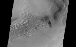 <h1>PIA10287:  Hooke Crater Dunes</h1><div class="PIA10287" lang="en" style="width:540px;text-align:left;margin:auto;background-color:#000;padding:10px;max-height:150px;overflow:auto;"><p>This image shows a portion of the floor and inner "moat" of Hooke crater. The dunes are climbing up the inner wall of the "moat."<p>Image information: VIS instrument. Latitude -44.7N, Longitude 315.6E. 17 meter/pixel resolution.</p><p>Please see the <a href="http://themis.asu.edu/terms" target="_blank">THEMIS Data Citation Note</a> for details on crediting THEMIS images.</p><p>Note: this THEMIS visual image has not been radiometrically nor geometrically calibrated for this preliminary release. An empirical correction has been performed to remove instrumental effects. A linear shift has been applied in the cross-track and down-track direction to approximate spacecraft and planetary motion. Fully calibrated and geometrically projected images will be released through the Planetary Data System in accordance with Project policies at a later time.</p><p>NASA's Jet Propulsion Laboratory manages the 2001 Mars Odyssey mission for NASA's Office of Space Science, Washington, D.C. The Thermal Emission Imaging System (THEMIS) was developed by Arizona State University, Tempe, in collaboration with Raytheon Santa Barbara Remote Sensing. The THEMIS investigation is led by Dr. Philip Christensen at Arizona State University. Lockheed Martin Astronautics, Denver, is the prime contractor for the Odyssey project, and developed and built the orbiter. Mission operations are conducted jointly from Lockheed Martin and from JPL, a division of the California Institute of Technology in Pasadena.<br /><br /><a href="http://photojournal.jpl.nasa.gov/catalog/PIA10287" onclick="window.open(this.href); return false;" title="Voir l'image 	 PIA10287:  Hooke Crater Dunes	  sur le site de la NASA">Voir l'image 	 PIA10287:  Hooke Crater Dunes	  sur le site de la NASA.</a></div>