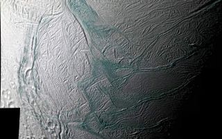 <h1>PIA11112:  Great Southern Land</h1><div class="PIA11112" lang="en" style="width:800px;text-align:left;margin:auto;background-color:#000;padding:10px;max-height:150px;overflow:auto;"><p><a href="/figures/PIA11112_fig1.jpg" class="external free" target="wpext"></a><br />Annotated version</p><p>This sweeping mosaic of Saturn's moon Enceladus provides broad regional context for the ultra-sharp, close-up views NASA's Cassini spacecraft acquired minutes earlier, during its flyby on Aug. 11, 2008. See <a href="/catalog/PIA11114">PIA11114</a> and <a href="/catalog/PIA11113">PIA11113</a> for the higher resolution views.</p><p>This false-color mosaic combines Imaging Science Subsystem (ISS) narrow-angle camera images obtained through ultraviolet, green, and near-infrared camera filters. Areas that are greenish in appearance are believed to represent deposits of coarser grained ice and solid boulders that are too small to be seen at this scale, but which are visible in the higher resolution views, while whitish deposits represent finer grained ice. The mosaic shows that coarse-grained and solid ice are concentrated along valley floors and walls, as well as along the upraised flanks of the "tiger stripe" fractures, which may be covered with plume fallout that landed not far from the sources. Elsewhere on Enceladus, this coarse water ice is concentrated within outcrops along cliff faces and at the top of ridges. The sinuous boundary of scarps and ridges that encircles the south polar terrain at about 55 degrees south latitude is conspicuous. Much of the coarse-grained or solid ice along this boundary may be blocky rubble that has crumbled off of cliff faces as a result of ongoing seismic activity. This mosaic complements the imaging coverage acquired during Cassini's July 2005 flyby of Enceladus by showing portions of the moon's south polar region and tiger stripes, or sulci, that were in darkness during that flyby (<a href="/catalog/PIA06247">PIA06247</a>). </p><p>The reversed lighting conditions over the polar region (compared to the July 2005 images) highlight features, such as fractures and ridges, that are barely visible in the July 2005 views, and vice versa. The four most prominent sulci (from top to bottom: Damascus, Baghdad, Alexandria and Cairo) appear as generally horizontal fractures near lower right, and they extend into the moon's night side. The mosaic is an orthographic projection centered at 63.0 degrees south latitude, 281.3 degrees west longitude, and has an image scale of 60 meters (196 feet) per pixel. The original images ranged in resolution from 28 to 154 meters (92 to 505 feet) per pixel and were taken at distances ranging from 5,064 to 25,949 kilometers (3,140 to 15,468 miles) from Enceladus.</p><p>The Cassini-Huygens mission is a cooperative project of NASA, the European Space Agency and the Italian Space Agency. The Jet Propulsion Laboratory, a division of the California Institute of Technology in Pasadena, manages the mission for NASA's Science Mission Directorate, Washington, D.C. The Cassini orbiter and its two onboard cameras were designed, developed and assembled at JPL. The imaging operations center is based at the Space Science Institute in Boulder, Colo.</p><p>For more information about the Cassini-Huygens mission visit <a href="http://saturn.jpl.nasa.gov" class="external free" target="wpext">http://saturn.jpl.nasa.gov/</a>. The Cassini imaging team homepage is at <a href="http://ciclops.org" class="external free" target="wpext">http://ciclops.org</a>.<br /><br /><a href="http://photojournal.jpl.nasa.gov/catalog/PIA11112" onclick="window.open(this.href); return false;" title="Voir l'image 	 PIA11112:  Great Southern Land	  sur le site de la NASA">Voir l'image 	 PIA11112:  Great Southern Land	  sur le site de la NASA.</a></div>