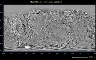 <h1>PIA11118:  Map of Mimas - June 2008</h1><div class="PIA11118" lang="en" style="width:800px;text-align:left;margin:auto;background-color:#000;padding:10px;max-height:150px;overflow:auto;"><p>This global map of Saturn's moon Mimas was created using images taken during Cassini spacecraft flybys, with Voyager images filling in the gaps in Cassini's coverage. </p><p>The moon's large, distinguishing crater, Herschel, is seen on the map at left.</p><p>The map is an equidistant (simple cylindrical) projection and has a scale of 432 meters (1,417 feet) per pixel at the equator. The mean radius of Mimas used for projection of this map is 198.2 kilometers (123.2 miles). The resolution of the map is 8 pixels per degree. This mosaic map is an update to the version released in January 2008 (see <a href="/catalog/PIA08344">PIA08344</a>).</p><p>The Cassini-Huygens mission is a cooperative project of NASA, the European Space Agency and the Italian Space Agency. The Jet Propulsion Laboratory, a division of the California Institute of Technology in Pasadena, manages the mission for NASA's Science Mission Directorate, Washington, D.C. The Cassini orbiter and its two onboard cameras were designed, developed and assembled at JPL. The imaging operations center is based at the Space Science Institute in Boulder, Colo.</p><p>For more information about the Cassini-Huygens mission visit <a href="http://saturn.jpl.nasa.gov" class="external free" target="wpext">http://saturn.jpl.nasa.gov/</a>. The Cassini imaging team homepage is at <a href="http://ciclops.org" class="external free" target="wpext">http://ciclops.org</a>.<br /><br /><a href="http://photojournal.jpl.nasa.gov/catalog/PIA11118" onclick="window.open(this.href); return false;" title="Voir l'image 	 PIA11118:  Map of Mimas - June 2008	  sur le site de la NASA">Voir l'image 	 PIA11118:  Map of Mimas - June 2008	  sur le site de la NASA.</a></div>
