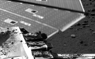 <h1>PIA11150:  Solar Panel Buffeted by Wind at Phoenix Site</h1><div class="PIA11150" lang="en" style="width:800px;text-align:left;margin:auto;background-color:#000;padding:10px;max-height:150px;overflow:auto;"><p>Winds were strong enough to cause about a half a centimeter (.19 inch) of motion of a solar panel on NASA's Phoenix Mars lander when the lander's Surface Stereo Imager took this picture on Aug. 31, 2008, during the 96th Martian day since landing.</p><p>The lander's telltale wind gauge has been indicating wind speeds of about 4 meters per second (9 miles per hour) during late mornings at the site.</p><p>These conditions were anticipated and the wind is not expected to do any harm to the lander.</p><p>The Phoenix Mission is led by the University of Arizona, Tucson, on behalf of NASA. Project management of the mission is by NASA's Jet Propulsion Laboratory, Pasadena, Calif. Spacecraft development is by Lockheed Martin Space Systems, Denver.<br /><br /><a href="http://photojournal.jpl.nasa.gov/catalog/PIA11150" onclick="window.open(this.href); return false;" title="Voir l'image 	 PIA11150:  Solar Panel Buffeted by Wind at Phoenix Site	  sur le site de la NASA">Voir l'image 	 PIA11150:  Solar Panel Buffeted by Wind at Phoenix Site	  sur le site de la NASA.</a></div>