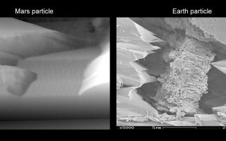 <h1>PIA11206:  Mars Particle and Terrestrial Soil, Compared Microscopically</h1><div class="PIA11206" lang="en" style="width:800px;text-align:left;margin:auto;background-color:#000;padding:10px;max-height:150px;overflow:auto;"><p>The image on the left is a particle of Martian soil observed with the atomic force microscope on NASA's Phoenix Mars Lander. For comparison, the image on the right is a type of terrestrial soil viewed with a scanning electron microscope.</p><p>The Mars image covers an area approximately 10 microns wide. This flat, smooth-surfaced particle is consistent with the appearance of soil particles from Earth containing the mineral phylloslicate, as seen in the left and right perimeter of the terrestrial image.</p><p>The terrestrial image shows particles in a soil sample from Koua Bocca, Ivory Coast, West Africa. This image's field of view is approximately 23 microns wide.</p><p>The Phoenix Mission is led by the University of Arizona, Tucson, on behalf of NASA. Project management of the mission is by JPL, Pasadena, Calif. Spacecraft development was by Lockheed Martin Space Systems, Denver.</p><p><b>Mars image credit:</b> NASA/JPL-Caltech/University of Arizona/University of Neuchatel/Imperial College London</p><p><b>Earth image credit:</b> Photo courtesy of Michael Velbel (Michigan State University) and William Barker, (University of Wisconsin-Madison). From the image database of the Clay Minerals Society and the Mineralogical Society of Great Britain and Ireland at <a href="http://www.minersoc.org/pages/gallery/claypix/index.html" class="external free" target="wpext">http://www.minersoc.org/pages/gallery/claypix/index.html</a>.<br /><br /><br /><a href="http://photojournal.jpl.nasa.gov/catalog/PIA11206" onclick="window.open(this.href); return false;" title="Voir l'image 	 PIA11206:  Mars Particle and Terrestrial Soil, Compared Microscopically	  sur le site de la NASA">Voir l'image 	 PIA11206:  Mars Particle and Terrestrial Soil, Compared Microscopically	  sur le site de la NASA.</a></div>