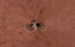 <h1>PIA11718:  Phoenix Lander on Mars with Surrounding Terrain, Vertical Projection</h1><div class="PIA11718" lang="en" style="width:800px;text-align:left;margin:auto;background-color:#000;padding:10px;max-height:150px;overflow:auto;"><p>This view is a vertical projection that combines more than 500 exposures taken by the Surface Stereo Imager camera on NASA's Mars Phoenix Lander and projects them as if looking down from above.</p><p>The black circle on the spacecraft is where the camera itself is mounted on the lander, out of view in images taken by the camera. North is toward the top of the image. The height of the lander's meteorology mast, extending toward the southwest, appears exaggerated because that mast is taller than the camera mast.</p><p>This view in approximately true color covers an area about 30 meters by 30 meters (about 100 feet by 100 feet). The landing site is at 68.22 degrees north latitude, 234.25 degrees east longitude on Mars.</p><p>The ground surface around the lander has polygonal patterning similar to patterns in permafrost areas on Earth.</p><p>This view comprises more than 100 different Stereo Surface Imager pointings, with images taken through three different filters at each pointing. The images were taken throughout the period from the 13th Martian day, or sol, after landing to the 47th sol (June 5 through July 12, 2008). The lander's Robotic Arm is cut off in this mosaic view because component images were taken when the arm was out of the frame.</p><p>The Phoenix Mission is led by the University of Arizona, Tucson, on behalf of NASA. Project management of the mission is by NASA's Jet Propulsion Laboratory, Pasadena, Calif. Spacecraft development is by Lockheed Martin Space Systems, Denver.<br /><br /><a href="http://photojournal.jpl.nasa.gov/catalog/PIA11718" onclick="window.open(this.href); return false;" title="Voir l'image 	 PIA11718:  Phoenix Lander on Mars with Surrounding Terrain, Vertical Projection	  sur le site de la NASA">Voir l'image 	 PIA11718:  Phoenix Lander on Mars with Surrounding Terrain, Vertical Projection	  sur le site de la NASA.</a></div>