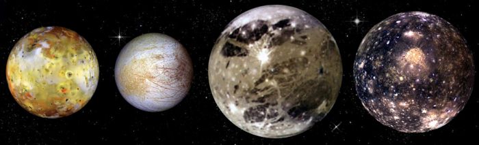 Les satellites galiléens de Jupiter : Io, europe, Ganymède et Callisto