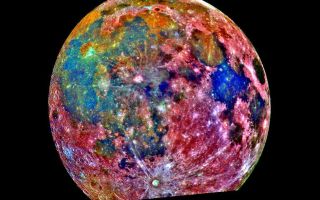 <h1>PIA00132:  Moon - False Color Mosaic</h1><div class="PIA00132" lang="en" style="width:800px;text-align:left;margin:auto;background-color:#000;padding:10px;max-height:150px;overflow:auto;"><p>This false-color photograph is a composite of 15 images of the Moon taken through three color filters by Galileo's solid-state imaging system during the spacecraft's passage through the Earth-Moon system on December 8, 1992. When this view was obtained, the spacecraft was 425,000 kilometers (262,000 miles) from the Moon and 69,000 kilometers (43,000 miles) from Earth. The false-color processing used to create this lunar image is helpful for interpreting the surface soil composition. Areas appearing red generally correspond to the lunar highlands, while blue to orange shades indicate the ancient volcanic lava flow of a mare, or lunar sea. Bluer mare areas contain more titanium than do the orange regions. Mare Tranquillitatis, seen as a deep blue patch on the right, is richer in titanium than Mare Serenitatis, a slightly smaller circular area immediately adjacent to the upper left of Mare Tranquillitatis. Blue and orange areas covering much of the left side of the Moon in this view represent many separate lava flows in Oceanus Procellarum. The small purple areas found near the center are pyroclastic deposits formed by explosive volcanic eruptions. The fresh crater Tycho, with a diameter of 85 kilometers (53 miles), is prominent at the bottom of the photograph, where part of the Moon's disk is missing.<br /><br /><a href="http://photojournal.jpl.nasa.gov/catalog/PIA00132" onclick="window.open(this.href); return false;" title="Voir l'image 	 PIA00132:  Moon - False Color Mosaic	  sur le site de la NASA">Voir l'image 	 PIA00132:  Moon - False Color Mosaic	  sur le site de la NASA.</a></div>