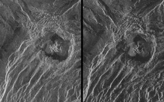 <h1>PIA00269:  Venus - Stereo Image Pair of Crater Goeppert-Mayer</h1><div class="PIA00269" lang="en" style="width:800px;text-align:left;margin:auto;background-color:#000;padding:10px;max-height:150px;overflow:auto;"><p>During the third global cycle of Magellan's radar mapping mission, images were obtained at viewing angles that were slightly different than those used in the first two cycles. This strategy was designed to produce stereo image pairs, which take advantage of distortions induced by the different views to provide details of the surface topography. This is a stereo image pair of crater Goeppert-Mayer, named for the 20th Century Polish physicist and Nobel laureate (60 degrees north latitude, 26.5 degrees east longitude). The crater, 35 kilometers (22 miles) in diameter, lies above an escarpment at the edge of a ridge belt in southern Ishtar Terra. West of the crater the scarp has more than one kilometer (0.6 mile) of relief. Perception of relief may be obtained with stereo glasses or a stereoscope. Some individuals may be able to fuse the images without the aid of those devices. The radar illumination for both images is from the west, or left side of the scene. Incidence angles are: (Cycle 1 (left) 28 degrees, Cycle 3 (right) 15 degrees from vertical. Analysis of stereo image pairs allows planetary scientists to resolve details of topographic relationships on Venusian craters, volcanoes, mountain belts and fault zones. The spatial resolution of this topographic information is approximately ten times better than that obtained by Magellan's altimetry experiment.<br /><br /><a href="http://photojournal.jpl.nasa.gov/catalog/PIA00269" onclick="window.open(this.href); return false;" title="Voir l'image 	 PIA00269:  Venus - Stereo Image Pair of Crater Goeppert-Mayer	  sur le site de la NASA">Voir l'image 	 PIA00269:  Venus - Stereo Image Pair of Crater Goeppert-Mayer	  sur le site de la NASA.</a></div>
