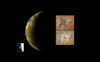 <h1>PIA00293:  Eruption on Io</h1><div class="PIA00293" lang="en" style="width:800px;text-align:left;margin:auto;background-color:#000;padding:10px;max-height:150px;overflow:auto;"><p>This image, taken by NASA's Galileo spacecraft, shows a new blue-colored volcanic plume extending about 100 kilometers (about 60 miles) into space from Jupiter's moon Io (see inset at lower left). The blue color of the plume is consistent with the presence of sulfur dioxide gas and 'snow' condensing from the gas as the plume expands and cools. Galileo images have also shown that the Ra Patera plume glows in the dark, perhaps due to the fluorescence of sulfur and oxygen ions created by the breaking apart of sulfur dioxide molecules by energetic particles in the Jovian magnetosphere. The images at right show a comparison of changes seen near the volcano Ra Patera since the Voyager spacecraft flybys of 1979 (windows at right show Voyager image at top and Galileo image at bottom). This eruptive plume is an example of a new type of volcanic activity discovered during Voyager's flyby in 1979, believed to be geyser-like eruptions driven by sulfur dioxide or sulfur gas erupting and freezing in Io's extremely tenuous atmosphere. Volcanic eruptions on Earth cannot throw materials to such high altitudes. Ra Patera is the site of dramatic surface changes. An area around the volcano of about 40,000 square kilometers, area about the size of New Jersey, has been covered by new volcanic deposits. The image was taken in late June 28, 1996 from a distance of 972,000 kilometers (604,000 miles). The Galileo mission is managed by NASA's Jet Propulsion Laboratory.<br /><br /><a href="http://photojournal.jpl.nasa.gov/catalog/PIA00293" onclick="window.open(this.href); return false;" title="Voir l'image 	 PIA00293:  Eruption on Io	  sur le site de la NASA">Voir l'image 	 PIA00293:  Eruption on Io	  sur le site de la NASA.</a></div>