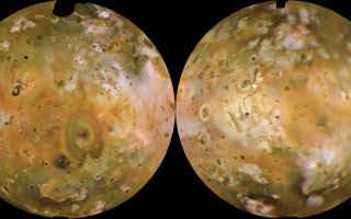 <h1>PIA00318:  Io Shown in Lambertian Equal Area Projection and in Approximately Natural Color</h1><div class="PIA00318" lang="en" style="width:800px;text-align:left;margin:auto;background-color:#000;padding:10px;max-height:150px;overflow:auto;">Voyager 1 computer color mosaics, shown in approximately natural color and in Lambertian equal-area projections, show the Eastern (left) and Western (right) hemispheres of Io. This innermost of Jupiter's 4 major satellites is the most volcanically active object in the solar system. Io is 2263 mi (3640 km) in diameter, making it a little bigger than Earth's moon. Almost all the features visible here have volcanic origins, including several calderas and eruption plumes that were active at the time of the Voyager 1 encounter.<br /><br /><a href="http://photojournal.jpl.nasa.gov/catalog/PIA00318" onclick="window.open(this.href); return false;" title="Voir l'image 	 PIA00318:  Io Shown in Lambertian Equal Area Projection and in Approximately Natural Color	  sur le site de la NASA">Voir l'image 	 PIA00318:  Io Shown in Lambertian Equal Area Projection and in Approximately Natural Color	  sur le site de la NASA.</a></div>