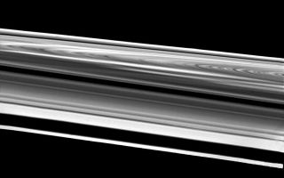 <h1>PIA00534:  Wide-Angle Image of Saturn's Rings</h1><div class="PIA00534" lang="en" style="width:800px;text-align:left;margin:auto;background-color:#000;padding:10px;max-height:150px;overflow:auto;">This wide-angle image of Saturn's rings was taken Aug. 26 just before Voyager 2's crossing of the plane of these complex structures. The spacecraft was 103,000 kilometers (64,000 miles) from the rings when it acquired this image. This extremely oblique view of the bright side of the rings highly magnifies features near the bottom of the picture and compresses features across to the other side of the west ansa (the western edge of the loop in the rings). Starting from the bottom, one can see the F-ring, the A-ring with the Encke Gap, the Cassini Division (the narrow dark band at center), the B-ring and the C-ring. The high-contrast bright and dark areas of the C-ring are seen at right; then, continuing upward, come the B- and A-rings straddling the Cassini Division and a very foreshortened view of the A-ring. The bright streaks in the B-ring are the spokes in forward-scattered light. The Voyager project is managed for NASA by the Jet Propulsion Laboratory, Pasadena, Calif.<br /><br /><a href="http://photojournal.jpl.nasa.gov/catalog/PIA00534" onclick="window.open(this.href); return false;" title="Voir l'image 	 PIA00534:  Wide-Angle Image of Saturn's Rings	  sur le site de la NASA">Voir l'image 	 PIA00534:  Wide-Angle Image of Saturn's Rings	  sur le site de la NASA.</a></div>