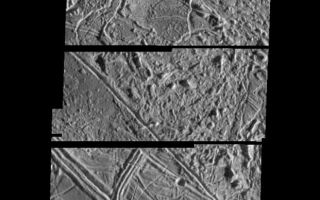 <h1>PIA00543:  Structurally Complex Surface of Europa</h1><div class="PIA00543" lang="en" style="width:621px;text-align:left;margin:auto;background-color:#000;padding:10px;max-height:150px;overflow:auto;">This is a composite of two images of Jupiter's icy moon Europa obtained from a range of 2119 miles (3410 kilometers) by the Galileo spacecraft during its fourth orbit around Jupiter and its first close pass of Europa. The mosaic spans 11 miles by 30 miles (17 km by 49 km) and shows features as small as 230 feet (70 meters) across. This mosaic is the first very high resolution image data obtained of Europa, and has a resolution more than 50 times better than the best Voyager coverage and 500 times better than Voyager coverage in this area. The mosaic shows the surface of Europa to be structurally complex. The sun illuminates the scene from the right, revealing complex overlapping ridges and fractures in the upper and lower portions of the mosaic, and rugged, more chaotic terrain in the center. Lateral faulting is revealed where ridges show offsets along their lengths (upper left of the picture). Missing ridge segments indicate obliteration of pre-existing materials and emplacement of new terrain (center of the mosaic). Only a small number of impact craters can be seen, indicating the surface is not geologically ancient.<p>The Jet Propulsion Laboratory, Pasadena, CA manages the mission for NASA's Office of Space Science, Washington, DC.<p>This image and other images and data received from Galileo are posted on the Galileo mission home page on the World Wide Web at http://galileo.jpl.nasa.gov. Background information and educational context for the images can be found at <a href="http://www2.jpl.nasa.gov/galileo/sepo/" target="_blank">http://www.jpl.nasa.gov/galileo/sepo</a>..<br /><br /><a href="http://photojournal.jpl.nasa.gov/catalog/PIA00543" onclick="window.open(this.href); return false;" title="Voir l'image 	 PIA00543:  Structurally Complex Surface of Europa	  sur le site de la NASA">Voir l'image 	 PIA00543:  Structurally Complex Surface of Europa	  sur le site de la NASA.</a></div>