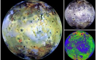 <h1>PIA00584:  Global View of Io in various colors</h1><div class="PIA00584" lang="en" style="width:800px;text-align:left;margin:auto;background-color:#000;padding:10px;max-height:150px;overflow:auto;">These full disk views of Jupiter's volcanic moon, Io, use images which were acquired by NASA's Galileo spacecraft when Io, the spacecraft, and the sun were nearly all aligned (near zero degrees phase angle). This angle best shows color variations on the surface. The left frame is an enhanced color view combining images obtained with the near-infrared, green, and violet filters of Galileo's Solid State Imaging (CCD) system. The white areas are rich in sulfur dioxide frost. Yellow, brown, and red areas are rich in other sulfurous materials. The upper right frame combines the green, near-infrared, and one micrometer filters. The added information from the infrared part of the spectrum will help scientists characterize the type of volcanism that paints this active world. The lower right frame is a color ratio composite, in which ratios of different color combinations are displayed as red, green, and blue to reveal subtle color variations. North is to the top and the smallest features which can be discerned are 6 kilometers in size. These images were taken on December 18, 1996 at a range of 580,000 kilometers.<p>Launched in October 1989, Galileo entered orbit around Jupiter on December 7, 1995. The spacecraft's mission is to conduct detailed studies of the giant planet, its largest moons and the Jovian magnetic environment. The Jet Propulsion Laboratory, Pasadena, CA manages the mission for NASA's Office of Space Science, Washington, DC.<p>This image and other images and data received from Galileo are posted on the World Wide Web, on the Galileo mission home page at URL http://galileo.jpl.nasa.gov. Background information and educational context for the images can be found at <a href="http://www2.jpl.nasa.gov/galileo/sepo/" target="_blank">http://www.jpl.nasa.gov/galileo/sepo</a>..<br /><br /><a href="http://photojournal.jpl.nasa.gov/catalog/PIA00584" onclick="window.open(this.href); return false;" title="Voir l'image 	 PIA00584:  Global View of Io in various colors	  sur le site de la NASA">Voir l'image 	 PIA00584:  Global View of Io in various colors	  sur le site de la NASA.</a></div>
