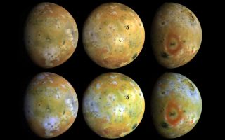 <h1>PIA00715:  Full Disk Views of Io (Natural and Enhanced Color)</h1><div class="PIA00715" lang="en" style="width:800px;text-align:left;margin:auto;background-color:#000;padding:10px;max-height:150px;overflow:auto;">Three views of the full disk of Jupiter's volcanic moon, Io, each shown in natural and enhanced color. These three views, taken by Galileo in late June 1996, show about 75 percent of Io's surface. North is up. The top disks are intended to show the satellite in natural color (but colors will vary with display devices) while the bottom disks show enhanced color (near-infrared-, green-, and violet-filtered images) to highlight details of the surface. These images reveal that some areas on Io are truly red, whereas much of the surface is yellow or light greenish. (Accurate natural color renditions were not possible from the Voyager images taken during the 1979 flybys because there was no coverage in the red.) The reddish materials may be associated with very recent fragmental volcanic deposits (pyroclastics) erupted in the form of volcanic plumes. Dark materials appear in flows and on caldera floors. Bright white materials correspond to sulfur dioxide frost, and bright yellow materials appear to be in new flows such as those surrounding Ra Patera. The red material may be unstable since the color appears to fade over time. This fading appears to occur most rapidly in the equatorial region and more slowly over the polar regions; surface temperature may control the rate of transformation. Comparisons of these images to those taken by the Voyager spacecraft 17 years ago have revealed that many changes have occurred on Io. Since that time, about a dozen areas at least as large as the state of Connecticut have been resurfaced. Io's diameter is 3632 km. The Jet Propulsion Laboratory, Pasadena, CA manages the mission for NASA's Office of Space Science, Washington, DC. This image and other images and data received from Galileo are posted on the World Wide Web, on the Galileo mission home page at URL http://galileo.jpl.nasa.gov. Background information and educational context for the images can be found at <a href="http://www2.jpl.nasa.gov/galileo/sepo/" target="_blank">http://www.jpl.nasa.gov/galileo/sepo</a>..<br /><br /><a href="http://photojournal.jpl.nasa.gov/catalog/PIA00715" onclick="window.open(this.href); return false;" title="Voir l'image 	 PIA00715:  Full Disk Views of Io (Natural and Enhanced Color)	  sur le site de la NASA">Voir l'image 	 PIA00715:  Full Disk Views of Io (Natural and Enhanced Color)	  sur le site de la NASA.</a></div>