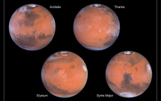 <h1>PIA01587:  A Closer Hubble Encounter With Mars - 4 Views</h1><div class="PIA01587" lang="en" style="width:800px;text-align:left;margin:auto;background-color:#000;padding:10px;max-height:150px;overflow:auto;">Taking advantage of Mars's closest approach to Earth in eight years, astronomers using NASA's Hubble Space Telescope have taken the space-based observatory's sharpest views yet of the Red Planet. NASA is releasing these images to commemorate the second anniversary of the Mars Pathfinder landing. The lander and its rover, Sojourner, touched down on the Red Planet's rolling hills on July 4, 1997, embarking on an historic three-month mission to gather information on the planet's atmosphere, climate, and geology.<p>The telescope's Wide Field and Planetary Camera 2 snapped these images between April 27 and May 6, when Mars was 54 million miles (87 million kilometers) from Earth. From this distance the telescope could see Martian features as small as 12 miles (19 kilometers) wide.<p>The telescope obtained four images, which, together, show the entire planet. Each view depicts the planet as it completes one quarter of its daily rotation. In these views the north polar cap is tilted toward the Earth and is visible prominently at the top of each picture. The images were taken in the middle of the Martian northern summer, when the polar cap had shrunk to its smallest size. During this season the Sun shines continuously on the polar cap. Previous telescopic and spacecraft observations have shown that this summertime "residual" polar cap is composed of water ice, just like Earth's polar caps.<p>These Hubble telescope snapshots reveal that substantial changes in the bright and dark markings on Mars have occurred in the 20 years since the NASA Viking spacecraft missions first mapped the planet. The Martian surface is dynamic and ever changing. Some regions that were dark 20years ago are now bright red; some areas that were bright red are now dark. Winds move sand and dust from region to region, often in spectacular dust storms. Over long time scales many of the larger bright and dark markings remain stable, but smaller details come and go as they are covered and then uncovered by sand and dust.<p>The upper-left image is centered near the location of the Pathfinder landing site. Dark sand dunes that surround the polar cap merge into a large, dark region called Acidalia. This area, as shown by images from the Hubble telescope and other spacecraft, is composed of dark, sand-sized grains of pulverized volcanic rock. Below and to the left of Acidalia are the massive Martian canyon systems of Valles Marineris, some of which form long linear markings that were once thought by some to be canals. Early morning clouds can be seen along the left limb of the planet, and a large cyclonic storm composed of water ice is churning near the polar cap. See also <a href="/catalog/PIA01589">PIA01589</a>.<p>The upper-right image is centered on the region of the planet known as Tharsis, home of the largest volcanoes in the solar system. The bright, ring-like feature just to the left of center is the volcano Olympus Mons, which is more than 340 miles (550 kilometers) across and 17 miles(27 kilometers) high. Thick deposits of fine-grained, windblown dust cover most of this hemisphere. The colors indicate that the dust is heavily oxidized ("rusted"), and millions (or perhaps billions) of years of dust storms have homogenized its composition. Prominent late afternoon clouds along the right limb of the planet can be seen. See also <a href="/catalog/PIA01590">PIA01590</a>.<p>The lower-left image is centered near another volcanic region known as Elysium. This area shows many small, dark markings that have been observed by the Hubble telescope and other spacecraft to change as a result of the movement of sand and dust across the Martian surface. In the upper left of this image, at high northern latitudes, a large chevron-shaped area of water ice clouds mark a storm front. Along the right limb, a large cloud system has formed around the Olympus Mons volcano. See also <a href="/catalog/PIA01591">PIA01591</a>.<p>The lower-right image is centered on the dark feature known as Syrtis Major, first seen telescopically by the astronomer Christian Huygens in the 17th century. Many small, dark, circular impact craters can be seen in this region, attesting to the Hubble telescope's ability to reveal fine detail on the planet's surface. To the south of Syrtis a large circular feature called Hellas. Viking and more recently Mars Global Surveyor have revealed that Hellas is a large and deep impact crater. These Hubble telescope pictures show it to be filled with surface frost and water ice clouds. Along the right limb, late afternoon clouds have formed around the volcano Elysium. See also <a href="/catalog/PIA01592">PIA01592</a>.<p>Shown here are color composites generated from data using three filters: blue (410 nanometers), green (502 nanometers), and red (673 nanometers). A total of 12 color filters, spanning ultraviolet to near-infrared wavelengths, were used in the observation.<br /><br /><a href="http://photojournal.jpl.nasa.gov/catalog/PIA01587" onclick="window.open(this.href); return false;" title="Voir l'image 	 PIA01587:  A Closer Hubble Encounter With Mars - 4 Views	  sur le site de la NASA">Voir l'image 	 PIA01587:  A Closer Hubble Encounter With Mars - 4 Views	  sur le site de la NASA.</a></div>