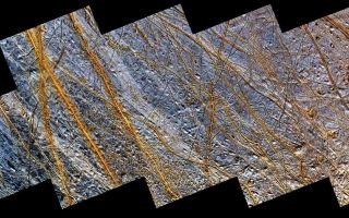 <h1>PIA01641:  Double Ridges, Dark Spots, and Smooth Icy Plains on Europa</h1><div class="PIA01641" lang="en" style="width:800px;text-align:left;margin:auto;background-color:#000;padding:10px;max-height:150px;overflow:auto;"><p>This mosaic of a region in the northern hemisphere of Jupiter's moon, Europa, displays many of the features which are typical on the satellite's icy surface. Brown, linear (double) ridges extend prominently across the scene. They could be frozen remnants of cryovolcanic activity which occurred when water or partly molten water ice erupted on the Europan surface, freezing almost instantly in the extremely low temperatures so far from our sun. Dark spots, several kilometers in diameter, are distributed over the surface. A geologically older, smoother surface, bluish in tone, underlies the ridge system. The blue surface is composed of almost pure water ice, whereas the composition of the dark, brownish spots and ridges is not certain. One possibility is that they contain evaporites such as mineral salts in a matrix of high water content.</p><p>North is to the lower left of the picture and the sun illuminates the surface from the upper left. The image, centered at 40 degrees north latitude and 225 degrees west longitude, covers an area approximately 800 by 350 kilometers(500 by 220 miles). The resolution is 230 meters (250 yards) per picture element. The colors have been enhanced to bring out the details. An astronaut orbiting this smallest of the four Galilean satellites would seethe icy surface of Europa somewhat brighter, but with less intense colors. The images were obtained during two separate orbits of Jupiter by the Solid State Imaging (SSI) system on NASA's Galileo spacecraft. High resolution images obtained at a range of about 25,000 kilometers(15,000 miles) during the spacecraft's 15th orbit of Jupiter on May 31st, 1998 are combined with <a href="http://www2.jpl.nasa.gov/galileo/sepo/" target="_blank">http://www.jpl.nasa.gov/galileo/sepo</a>./atjup/europa/G1.html">lower resolution images</a> obtained during the spacecraft's first orbit of Jupiter on June 28th, 1996. Combining the lower resolution and high resolution images enables scientists to investigate both the surface features in great detail as well as the color or compositional information in a regional context.</p><p>The Jet Propulsion Laboratory, Pasadena, CA manages the Galileo mission or NASA's Office of Space Science, Washington, DC.</p><p>This image and other images and data received from Galileo are posted on the World Wide Web, on the Galileo mission home page at URL<a href="http://solarsystem.nasa.gov/galileo/" target="_blank">http://solarsystem.nasa.gov/galileo/</a>. Background information and educational context for the images can be found at URL<a href="http://www2.jpl.nasa.gov/galileo/sepo/" target="_blank">http://www.jpl.nasa.gov/galileo/sepo</a><br /><br /><a href="http://photojournal.jpl.nasa.gov/catalog/PIA01641" onclick="window.open(this.href); return false;" title="Voir l'image 	 PIA01641:  Double Ridges, Dark Spots, and Smooth Icy Plains on Europa	  sur le site de la NASA">Voir l'image 	 PIA01641:  Double Ridges, Dark Spots, and Smooth Icy Plains on Europa	  sur le site de la NASA.</a></div>