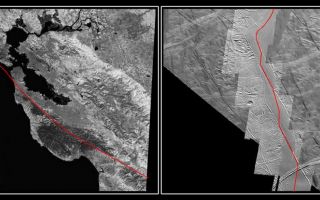 <h1>PIA01645:  The San Andreas Fault and a Strike-slip Fault on Europa</h1><div class="PIA01645" lang="en" style="width:800px;text-align:left;margin:auto;background-color:#000;padding:10px;max-height:150px;overflow:auto;"><p>The mosaic on the right of the south polar region of Jupiter's moon Europa shows the northern 290 kilometers (180 miles) of a strike-slip fault named Astypalaea Linea. The entire fault is about 810 kilometers (500 miles) long, the size of the California portion of the San Andreas fault on Earth which runs from the California-Mexico border north to the San Francisco Bay.</p><p>The left mosaic shows the portion of the San Andreas fault near California's san Francisco Bay that has been scaled to the same size and resolution as the Europa image. Each covers an area approximately 170 by 193 kilometers(105 by 120 miles). The red line marks the once active central crack of the Europan fault (right) and the line of the San Andreas fault (left).</p><p>A strike-slip fault is one in which two crustal blocks move horizontally past one another, similar to two opposing lanes of traffic. The overall motion along the Europan fault seems to have followed a continuous narrow crack along the entire length of the feature, with a path resembling stepson a staircase crossing zones which have been pulled apart. The images show that about 50 kilometers (30 miles) of displacement have taken place along the fault. Opposite sides of the fault can be reconstructed like a puzzle, matching the shape of the sides as well as older individual cracks and ridges that had been broken by its movements.</p><p>Bends in the Europan fault have allowed the surface to be pulled apart. This pulling-apart along the fault's bends created openings through which warmer, softer ice from below Europa's brittle ice shell surface, or frozen water from a possible subsurface ocean, could reach the surface. This upwelling of material formed large areas of new ice within the boundaries of the original fault. A similar pulling apart phenomenon can be observed in the geological trough surrounding California's Salton Sea, and in Death Valley and the Dead Sea. In those cases, the pulled apart regions can include upwelled materials, but may be filled in mostly by sedimentary and erosional material deposited from above. Comparisons between faults on Europa and Earth may generate ideas useful in the study of terrestrial faulting.</p><p>One theory is that fault motion on Europa is induced by the pull of variable daily tides generated by Jupiter's gravitational tug on Europa. The tidal tension opens the fault; subsequent tidal stress causes it to move lengthwise in one direction. Then the tidal forces close the fault up again. This prevents the area from moving back to its original position. If it moves forward with the next daily tidal cycle, the result is a steady accumulation of these lengthwise offset motions.</p><p>Unlike Europa, here on Earth, large strike-slip faults such as the San Andreas are set in motion not by tidal pull, but by plate tectonic forces from the planet's mantle.</p><p>North is to the top of the picture. The Earth picture (left) shows a LandSat Thematic Mapper image acquired in the infrared (1.55 to 1.75 micrometers) by LandSat5 on Friday, October 20th 1989 at 10:21 am. The original resolution was 28.5 meters per picture element.</p><p>The Europa picture (right) is centered at 66 degrees south latitude and 195 degrees west longitude. The highest resolution frames, obtained at 40 meters per picture element with a spacecraft range of less than 4200 kilometers (2600 miles), are set in the context of lower resolution regional frames obtained at 200 meters per picture element and a range of 22,000 kilometers (13,600 miles). The images were taken on September 26, 1998 by the Solid State Imaging (SSI) system on NASA's Galileo spacecraft.</p><p>The Jet Propulsion Laboratory, Pasadena, CA manages the Galileo mission for NASA's Office of Space Science, Washington, DC.</p><p>This image and other images and data received from Galileo are posted on the World Wide Web, on the Galileo mission home page at URL http://galileo.jpl.nasa.gov. Background information and educational context for the images can be found at URL HTTP://www.jpl.nasa.gov/galileo/sepo.<br /><br /><a href="http://photojournal.jpl.nasa.gov/catalog/PIA01645" onclick="window.open(this.href); return false;" title="Voir l'image 	 PIA01645:  The San Andreas Fault and a Strike-slip Fault on Europa	  sur le site de la NASA">Voir l'image 	 PIA01645:  The San Andreas Fault and a Strike-slip Fault on Europa	  sur le site de la NASA.</a></div>