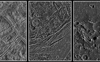 <h1>PIA01656:  Europa, Ganymede, and Callisto: Surface comparison at high spatial resolution</h1><div class="PIA01656" lang="en" style="width:800px;text-align:left;margin:auto;background-color:#000;padding:10px;max-height:150px;overflow:auto;"><p>These images show a comparison of the surfaces of the three icy Galilean satellites, Europa, Ganymede, and Callisto, scaled to a common resolution of 150 meters per picture element (pixel). Despite the similar distance of 0.8 billion kilometers to the sun, their surfaces show dramatic differences. Callisto (with a diameter of 4817 kilometers) is "peppered" by impact craters, but is also covered by a dark material layer of so far unknown origin, as seen here in the region of the Asgard multi-ring basin. It appears that this layer erodes or covers small craters. Ganymede's landscape is also widely formed by impacts, but different from Callisto, much tectonic deformation can be observed in the Galileo images, such as these of Nicholson Regio. Ganymede, with a diameter of 5268 kilometers (one-and-a-half times larger than the Earth's moon), is the largest moon in the solar system. Contrary to Ganymede and Callisto, Europa (diameter 3121 kilometers) has a sparsely cratered surface, indicating that geologic activity took place more recently. Globally, ridged plains and the so-called "mottled terrain" are the main landforms. In the high-resolution image presented here showing the area around the Agave and Asterius dark lineaments, older ridges dominate the surface, while a small part of the younger mottled terrain is visible to the lower left of the image center.</p><p>While all three moons are believed to be nearly as old as the solar system (4.5 billion years), the age of the surfaces, i.e. the time since the last major geologic activity took place, is still subject to debate. Without having surface samples in hand, the only method to roughly determine a planet's or satellite's geologic surface age is by crater counting. However, assumptions about the impactor fluxes must be made based on theoretical models and possible observations of candidate impactors such as asteroids and comets. Asteroids should have been very common in the early days of the solar system, but this source should have been largely exhausted by about 3.8 billion years before present. For comets, the impactor flux is believed to be rather constant throughout the whole lifetime of the solar system, meaning that the probability of an impact of a large comet is similar today as it was, say, four billion years ago.</p><p>Assuming the asteroids have been the dominant bodies that impacted the Galilean satellites (which is believed to be the case on the Moon, the Earth, and other inner solar system bodies as well as within the asteroid belt itself), the surfaces of Ganymede and Callisto must be old, roughly four billion years. In this case, the Europan surface would by comparison have a mean age of one-hundred to several-hundred million years. Low-level geologic activity on Europa might be possible, but Ganymede and Callisto should be geologically dead. Assuming on the other hand that comets have been the main impactors in the Jovian system, Callisto's surface would still be determined to be old, but Ganymede's youngest large craters would have been created only about one billion years ago. Europa's surface in this model should be very young, with this satellite being geologically quite active even today.</p><p>The images were taken by the Solid State Imaging (SSI) system on NASA's Galileo spacecraft. They were processed by the Institute of Planetary Exploration of the German Aerospace Center (DLR) in Berlin, Germany, and scaled to a size of 150 meters per pixel (m/pixel). North is up in all images. The spatial resolution of the original data was 180 m/pixel for Europa and Ganymede and 90 m/pixel for Callisto. The Europa image was taken during Galileo's 6th orbit, the Ganymede image during the 7th, and the Callisto image during the 10th orbit.</p><p>The Jet Propulsion Laboratory, Pasadena, CA manages the Galileo mission for NASA's Office of Space Science, Washington, DC.</p><p>This image and other images and data received from Galileo are posted on the World Wide Web, on the Galileo mission home page at URL <a href="http://solarsystem.nasa.gov/galileo/" target="_blank">http://solarsystem.nasa.gov/galileo/</a>. Background information and educational context for the images can be found at URL <a href="http://www2.jpl.nasa.gov/galileo/sepo/" target="_blank">http://www.jpl.nasa.gov/galileo/sepo</a><br /><br /><a href="http://photojournal.jpl.nasa.gov/catalog/PIA01656" onclick="window.open(this.href); return false;" title="Voir l'image 	 PIA01656:  Europa, Ganymede, and Callisto: Surface comparison at high spatial resolution	  sur le site de la NASA">Voir l'image 	 PIA01656:  Europa, Ganymede, and Callisto: Surface comparison at high spatial resolution	  sur le site de la NASA.</a></div>