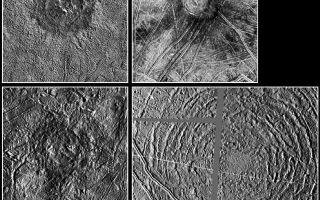 <h1>PIA01661:  Large Impact Structures on Europa</h1><div class="PIA01661" lang="en" style="width:800px;text-align:left;margin:auto;background-color:#000;padding:10px;max-height:150px;overflow:auto;"><p>The picture compares four large impact structures on Jupiter's icy moon, Europa. Clockwise, from top left, are Pwyll, Cilix, Tyre, and Mannann'an. Impact structures with diameters of more than 20 kilometers are rather rare on Europa. Tyre is most unusual. While the effective crater, which is somewhat larger than the prominent large bull's eye feature, is about 40 kilometers (25 miles) across, the entire structure is much larger. The concentric rings display relatively little relief. Some of the smaller craters near Tyre were formed by material ejected by and then redeposited from the impact which formed Tyre. One hypothesis for such characteristics is that the impactor which formed Tyre penetrated through an icy crust into a less brittle layer. While Pwyll, Cilix, and Mannann'an also display shallow crater depths for their size, they more closely resemble similar sized craters on two neighboring moons of Jupiter, Ganymede and Callisto. Perhaps the impactor did not punch through the upper crust during these events. This might have been the case if the impacting body was smaller or weaker than in the case of Tyre or if the crust was thinner at the location of Tyre during the impact event.</p><p>North is to the top of the picture. The sun illuminates the surfaces from the right, except for Tyre, where the sun illuminates the surface from the left. The horizontal and vertical grey lines in the Tyre mosaic indicate gaps in the data received for this image. The Pwyll image was taken on December 16, 1997, Cilix on May 31, 1998,Tyre on March 29, 1998, and Mannann'an on March 29, 1998. All images were taken by the Solid State Imaging (SSI) system on NASA's Galileo spacecraft.</p><p>The Jet Propulsion Laboratory, Pasadena, CA manages the Galileo mission for NASA's Office of Space Science, Washington, DC.</p><p>This image and other images and data received from Galileo are posted on the World Wide Web, on the Galileo mission home page at URL<a href="http://solarsystem.nasa.gov/galileo/" target="_blank">http://solarsystem.nasa.gov/galileo/</a>. Background information and educational context for the images can be found at URL<a href="http://www2.jpl.nasa.gov/galileo/sepo/" target="_blank">http://www.jpl.nasa.gov/galileo/sepo</a>."><a href="http://www2.jpl.nasa.gov/galileo/sepo/" target="_blank">http://www.jpl.nasa.gov/galileo/sepo</a>.</a><p><br /><br /><a href="http://photojournal.jpl.nasa.gov/catalog/PIA01661" onclick="window.open(this.href); return false;" title="Voir l'image 	 PIA01661:  Large Impact Structures on Europa	  sur le site de la NASA">Voir l'image 	 PIA01661:  Large Impact Structures on Europa	  sur le site de la NASA.</a></div>