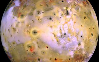 <h1>PIA02309:  Global image of Io (false color)</h1><div class="PIA02309" lang="en" style="width:800px;text-align:left;margin:auto;background-color:#000;padding:10px;max-height:150px;overflow:auto;"><p>NASA's Galileo spacecraft acquired its highest resolution images of Jupiter's moon Io on 3 July 1999 during its closest pass to Io since orbit insertion in late 1995. This color mosaic uses the near-infrared, green and violet filters (slightly more than the visible range) of the spacecraft's camera which have been processed to enhance more subtle color variations. Most of Io's surface has pastel colors, punctuated by black, brown, green, orange, and red units near the active volcanic centers. <a href="/catalog/PIA02308">A true color version</a> of the mosaic has been created to show how Io would appear to the human eye.</p><p>The improved resolution reveals small-scale color units which had not been recognized previously and which suggest that the lavas and sulfurous deposits are composed of complex mixtures (Cutout locations), (Cutout A). Some of the bright (whitish), high-latitude (near the top and bottom) deposits have an ethereal quality like a transparent covering of frost (Cutout B). Bright red areas were seen previously only as diffuse deposits. However, they are now seen to exist as both diffuse deposits and sharp linear features like fissures (Cutout C). Some volcanic centers have bright and colorful flows, perhaps due to flows of sulfur rather than silicate lava (Cutout D). In this region bright, white material can also be seen to emanate from linear rifts and cliffs.</p><p>Comparison of this mosaic to <a href="http://www2.jpl.nasa.gov/galileo/sepo/" target="_blank">http://www.jpl.nasa.gov/galileo/sepo</a>./atjup/io/color.html">previous Galileo images</a> reveals many changes due to the ongoing volcanic activity.</p><p>Galileo will make two close passes of Io beginning in October of this year. Most of the high-resolution targets for these flybys are seen on the hemisphere shown here.</p><p>North is to the top of the picture and the sun illuminates the surface from almost directly behind the spacecraft. This illumination geometry is good for imaging color variations, but poor for imaging topographic shading. However, some topographic shading can be seen here due to the combination of relatively high resolution (1.3 kilometers or 0.8 miles per picture element) and the rugged topography over parts of Io. The image is centered at 0.3 degrees north latitude and 137.5 degrees west longitude. The resolution is 1.3 kilometers (0.8 miles) per picture element. The images were taken on 3 July 1999 at a range of about 130,000 kilometers (81,000 miles) by the Solid State Imaging (SSI) system on NASA's Galileo spacecraft during its twenty-first orbit.</p><p>The Jet Propulsion Laboratory, Pasadena, CA manages the Galileo mission for NASA's Office of Space Science, Washington, DC.</p><p>This image and other images and data received from Galileo are posted on the World Wide Web, on the Galileo mission home page at URL <a href="http://solarsystem.nasa.gov/galileo/" target="_blank">http://solarsystem.nasa.gov/galileo/</a>. Background information and educational context for the images can be found at URL <a href="http://www2.jpl.nasa.gov/galileo/sepo/" target="_blank">http://www.jpl.nasa.gov/galileo/sepo</a><br /><br /><a href="http://photojournal.jpl.nasa.gov/catalog/PIA02309" onclick="window.open(this.href); return false;" title="Voir l'image 	 PIA02309:  Global image of Io (false color)	  sur le site de la NASA">Voir l'image 	 PIA02309:  Global image of Io (false color)	  sur le site de la NASA.</a></div>