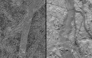 <h1>PIA02575:  Comparison of Ganymede and Europa features</h1><div class="PIA02575" lang="en" style="width:800px;text-align:left;margin:auto;background-color:#000;padding:10px;max-height:150px;overflow:auto;"><p>This image, taken by NASA's Galileo spacecraft, shows a same-scale comparison between Arbela Sulcus on Jupiter's moon Ganymede (left) and an unnamed band on another Jovian moon, Europa (right). Arbela Sulcus is one of the smoothest lanes of bright terrain identified on Ganymede, and shows very subtle striations along its length. Arbela contrasts markedly from the surrounding heavily cratered dark terrain.</p><p>On Europa, dark bands have formed by tectonic crustal spreading and renewal. Bands have sliced through and completely separated pre-existing features in the surrounding bright ridged plains. The scarcity of craters on Europa illustrates the relative youth of its surface compared to Ganymede's.</p><p>Unusual for Ganymede, it is possible that Arbela Sulcus has formed by complete separation of Ganymede's icy crust, like bands on Europa. Prominent fractures on either side of Arbela appear to have been offset by about 65 kilometers (about 40 miles) along the length of the area of furrows and ridges, suggesting that strike-slip faulting was important in the formation of Arbela Sulcus.</p><p>In the Ganymede image, north is to the upper left of the picture and the Sun illuminates the surface from the west. The image, centered at -14degrees latitude and 347 degrees longitude, covers an area approximately 258 by 116 kilometers (160 by 72 miles.) The resolution is 133 meters(436 feet) per picture element. The images were taken on May 20, 2000, at a range of 13,100 kilometers (8,100 miles).</p><p>In the Europa image, north is to the left of the picture and the Sun illuminates the surface from the east. The image, centered at -7 degrees latitude and 236 degrees longitude, covers an area approximately 275 by 424 kilometers (171 by 263 miles.) The resolution is 220 meters (about 720 feet) per picture element (re-sampled here to 133 meters, or 436 feet). The images were taken on Nov. 6, 1997, at a range of 21,500 kilometers (13,360 miles).</p><p>The Jet Propulsion Laboratory, Pasadena, Calif., manages the Galileo mission for NASA's Office of Space Science, Washington, DC. JPL is a division of the California Institute of Technology in Pasadena.</p><p>Images and data received from Galileo are posted on the Galileo mission home page at <a href="http://solarsystem.nasa.gov/galileo/" class="external free" target="wpext">http://solarsystem.nasa.gov/galileo/</a>. Background information and educational context for the images can be found at <a href="http://solarsystem.nasa.gov/galileo/gallery/index.cfm" class="external free" target="wpext">http://solarsystem.nasa.gov/galileo/gallery/index.cfm</a>.</p><p>Images were produced by Brown University, Providence, R.I., <a href="http://www.planetary.brown.edu/" class="external free" target="wpext">http://www.planetary.brown.edu/</a>, DLR (German Aerospace Center) Berlin, <a href="http://www.dlr.de/pf/" class="external free" target="wpext">http://www.dlr.de/pf/</a>, and University of Arizona, Tempe, <a href="http://www.lpl.arizona.edu/" class="external free" target="wpext">http://www.lpl.arizona.edu/</a>.<br /><br /><a href="http://photojournal.jpl.nasa.gov/catalog/PIA02575" onclick="window.open(this.href); return false;" title="Voir l'image 	 PIA02575:  Comparison of Ganymede and Europa features	  sur le site de la NASA">Voir l'image 	 PIA02575:  Comparison of Ganymede and Europa features	  sur le site de la NASA.</a></div>