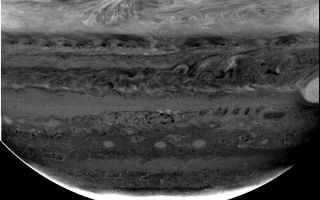 <h1>PIA02865:  Jupiter Clouds in Depth</h1><div class="PIA02865" lang="en" style="width:800px;text-align:left;margin:auto;background-color:#000;padding:10px;max-height:150px;overflow:auto;"><a href="/figures/PIA02865figa.tif"></a><br>619 nm<a href="/tiff/PIA02865.tif"></a><br>727 nm<a href="/figures/PIA02865figc.tif"></a><br>890 nm<p>Images from NASA's Cassini spacecraft using three different filters reveal cloud structures and movements at different depths in the atmosphere around Jupiter's south pole.<p>Cassini's cameras come equipped with filters that sample three wavelengths where methane gas absorbs light. These are in the red at 619 nanometer (nm) wavelength and in the near-infrared at 727 nm and 890 nm. Absorption in the 619 nm filter is weak. It is stronger in the 727 nm band and very strong in the 890 nm band where 90 percent of the light is absorbed by methane gas. Light in the weakest band can penetrate the deepest into Jupiter's atmosphere. It is sensitive to the amount of cloud and haze down to the pressure of the water cloud, which lies at a depth where pressure is about 6 times the atmospheric pressure at sea level on the Earth). Light in the strongest methane band is absorbed at high altitude and is sensitive only to the ammonia cloud level and higher (pressures less than about one-half of Earth's atmospheric pressure) and the middle methane band is sensitive to the ammonia and ammonium hydrosulfide cloud layers as deep as two times Earth's atmospheric pressure.<p>The images shown here demonstrate the power of these filters in studies of cloud stratigraphy. The images cover latitudes from about 15 degrees north at the top down to the southern polar region at the bottom. The left and middle images are ratios, the image in the methane filter divided by the image at a nearby wavelength outside the methane band. Using ratios emphasizes where contrast is due to methane absorption and not to other factors, such as the absorptive properties of the cloud particles, which influence contrast at all wavelengths.<p>The most prominent feature seen in all three filters is the polar stratospheric haze that makes Jupiter bright near the pole. The equatorial band is also very bright in the strong 890-nm (right) image and to a lesser extent in the 727 band (middle image) but is subdued in the weak 619-nm image on the left. These are high, thin, haze layers that are nearly transparent at wavelengths outside the methane absorption bands. Another prominent feature is the Great Red Spot. About a third of it appears at the right-hand edge of the frame. It is a bright feature in methane absorption because it has extensive cloud cover reaching to high altitude. A wisp of high thin cloud can be seen trailing off its western rim in the middle and right images.<p>Features mentioned above have been seen from ground-based telescopes, from NASA's Hubble Space Telescope and from NASA's Galileo spacecraft. This is the first high-resolution image in all three methane bands, and a comparison of all three reveals some interesting features. Chief among these is the very dark patch seen in the left (weak methane) image near the top-middle of the frame. It is almost invisible in the right image and it appears to be composed of strands of bright clouds in the middle image. This is a region similar to the hot spot where the Galileo Probe entered Jupiter's atmosphere in 1995. These images indicate that cloud cover is present at the higher altitudes but absent from the lower altitudes. This is also what the Galileo Probe found when it entered Jupiter's atmosphere.<p>To the northwest (above and to the left) of the dark feature is a small cloud that is bright in the 619-nm (left) image but has no contrast at the other wavelengths. This is the signature expected for a thick water cloud. Another feature seen only in the weak-methane (left image) ratio is a dark ring near the center of the image. This feature is probably a counter-clockwise rotating, upwelling core surrounded by a sinking perimeter with diminished cloudiness. The fact that it is seen only in the weak methane ratio indicates the effects of a lower-level circulation that does not penetrated to the upper ammonia cloud level and may be confined to the deeper water cloud.<p>The opposite behavior is evident in an oval storm that appears dark in the middle and right images but is absent in the weak, 619-nm image. It is located to the southwest of the Great Red Spot. Further to the west at slightly more northerly latitudes are a series of small spots that are dark at all wavelengths. These and a myriad of other contrast features at many latitudes reveal much about Jupiter's complicated cloud structure and meteorology.<p>Cassini is a cooperative project of NASA, the European Space Agency and the Italian Space Agency. The Jet Propulsion Laboratory, a division of the California Institute of Technology in Pasadena, manages the Cassini mission for NASA's Office of Space Science, Washington, D.C.<br /><br /><a href="http://photojournal.jpl.nasa.gov/catalog/PIA02865" onclick="window.open(this.href); return false;" title="Voir l'image 	 PIA02865:  Jupiter Clouds in Depth	  sur le site de la NASA">Voir l'image 	 PIA02865:  Jupiter Clouds in Depth	  sur le site de la NASA.</a></div>