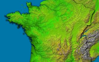 <h1>PIA03393:  France, Shaded Relief and Colored Height</h1><div class="PIA03393" lang="en" style="width:800px;text-align:left;margin:auto;background-color:#000;padding:10px;max-height:150px;overflow:auto;"><p />This image of France was generated with data from the Shuttle Radar Topography Mission (SRTM). For this broad view the resolution of the data was reduced to 6 arcseconds (about 185 meters north-south and 127 meters east-west), resampled to a Mercator projection, and the French border outlined. Even at this decreased resolution the variety of landforms comprising the country is readily apparent.<p />The upper central part of this scene is dominated by the Paris Basin, which consists of a layered sequence of sedimentary rocks. Fertile soils over much of the area make good agricultural land. The Normandie coast to the upper left is characterized by high, chalk cliffs, while the Brittany coast (the peninsula to the left) is highly indented where deep valleys were drowned by the sea, and the Biscay coast to the southwest is marked by flat, sandy beaches.<p />To the south, the Pyrenees form a natural border between France and Spain, and the south-central part of the country is dominated by the ancient Massif Central. Subject to volcanism that has only subsided in the last 10,000 years, these central mountains are separated from the Alps by the north-south trending Rhone River Basin.<p />Two visualization methods were combined to produce the image: shading and color coding of topographic height. The shade image was derived by computing topographic slope in the northwest-southeast direction, so that northwest slopes appear bright and southeast slopes appear dark. Color coding is directly related to topographic height, with green at the lower elevations, rising through yellow and tan, to white at the highest elevations.<p />Elevation data used in this image were acquired by the Shuttle Radar Topography Mission aboard the Space Shuttle Endeavour, launched on Feb. 11, 2000. SRTM used the same radar instrument that comprised the Spaceborne Imaging Radar-C/X-Band Synthetic Aperture Radar (SIR-C/X-SAR) that flew twice on the Space Shuttle Endeavour in 1994. SRTM was designed to collect 3-D measurements of the Earth's surface. To collect the 3-D data, engineers added a 60-meter (approximately 200-foot) mast, installed additional C-band and X-band antennas, and improved tracking and navigation devices. The mission is a cooperative project between NASA, the National Imagery and Mapping Agency (NIMA) of the U.S. Department of Defense and the German and Italian space agencies. It is managed by NASA's Jet Propulsion Laboratory, Pasadena, Calif., for NASA's Earth Science Enterprise,Washington, D.C.<p />Location: 42 to 51.5 degrees North latitude, 5.5 West to 8 degrees East longitude <br />Orientation: North toward the top, Mercator projection <br />Image Data: shaded and colored SRTM elevation model <br />Original Data Resolution: SRTM 1 arcsecond (about 30 meters or 98 feet) <br />Date Acquired: February 2000 <br /><br /><br /><a href="http://photojournal.jpl.nasa.gov/catalog/PIA03393" onclick="window.open(this.href); return false;" title="Voir l'image 	 PIA03393:  France, Shaded Relief and Colored Height	  sur le site de la NASA">Voir l'image 	 PIA03393:  France, Shaded Relief and Colored Height	  sur le site de la NASA.</a></div>
