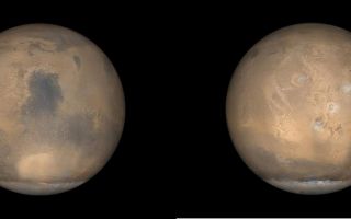 <h1>PIA03755:  Global Views of Mars in late Northern Summer</h1><div class="PIA03755" lang="en" style="width:800px;text-align:left;margin:auto;background-color:#000;padding:10px;max-height:150px;overflow:auto;">Mars Global Surveyor (MGS) orbits around the red planet 12 times a day. Each orbit goes from pole to pole. Over the course of a single day, the wide angle cameras of the Mars Orbiter Camera (MOC) system take 24 pictures--12 red and 12 blue--that are assembled to create a daily global map. Such global views are used to monitor the martian weather and observe changes in the patterns of frost and dust distribution on the surface. These two pictures are examples of what Mars looks like in late northern summer, which is also late southern winter. At this time of year, the south polar cap (bottom, white feature in each image) is very large, extending from the south pole northward to 60°S. Also at this time of year, clouds of water ice crystals are common over the four largest volcanoes in Tharsis. The picture on the right shows Tharsis, with the four volcanoes forming a triangle resembling the pattern of holes on a bowling ball. The image on the left is centered on Syrtis Major, a dark, windswept volcanic plain so large that it has been known to science since the first telescopes were turned toward Mars in the 1600s. The elliptical bright feature at lower-center in the left image is the Hellas Basin, the largest unequivocal impact basin (formed by an asteroid or comet) on the planet. Hellas is approximately 2200 km (1,370 mi) across.<br /><br /><a href="http://photojournal.jpl.nasa.gov/catalog/PIA03755" onclick="window.open(this.href); return false;" title="Voir l'image 	 PIA03755:  Global Views of Mars in late Northern Summer	  sur le site de la NASA">Voir l'image 	 PIA03755:  Global Views of Mars in late Northern Summer	  sur le site de la NASA.</a></div>