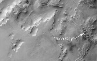 <h1>PIA03918:  "Inca City" is Part of a Circular Feature</h1><div class="PIA03918" lang="en" style="width:300px;text-align:left;margin:auto;background-color:#000;padding:10px;max-height:150px;overflow:auto;">MGS MOC Release No. MOC2-319, 8 August 2002<br><br><a href="/figures/PIA03918-context.gif"></a><br>"Inca City" is the informal name given by Mariner 9 scientists in 1972 to a set of intersecting, rectilinear ridges that are located among the layered materials of the south polar region of Mars. Their origin has never been understood; most investigators thought they might be sand dunes, either modern dunes or, more likely, dunes that were buried, hardened, then exhumed. Others considered them to be dikes formed by injection of molten rock (magma) or soft sediment into subsurface cracks that subsequently hardened and then were exposed at the surface by wind erosion.<br><br>The Mars Global Surveyor (MGS) Mars Orbiter Camera (MOC) has provided new information about the "Inca City" ridges, though the camera's images still do not solve the mystery. The new information comes in the form of a MOC red wide angle context frame taken in mid-southern spring, shown above left and above right. The original Mariner 9 view of the ridges is seen at the center. The MOC image shows that the "Inca City" ridges, located at 82°S, 67°W, are part of a larger circular structure that is about 86 km (53 mi) across. It is possible that this pattern reflects an origin related to an ancient, eroded meteor impact crater that was filled-in, buried, then partially exhumed. In this case, the ridges might be the remains of filled-in fractures in the bedrock into which the crater formed, or filled-in cracks within the material that filled the crater. Or both explanations could be wrong. While the new MOC image shows that "Inca City" has a larger context as part of a circular form, it does not reveal the exact origin of these striking and unusual martian landforms.<br /><br /><a href="http://photojournal.jpl.nasa.gov/catalog/PIA03918" onclick="window.open(this.href); return false;" title="Voir l'image 	 PIA03918:  "Inca City" is Part of a Circular Feature	  sur le site de la NASA">Voir l'image 	 PIA03918:  "Inca City" is Part of a Circular Feature	  sur le site de la NASA.</a></div>