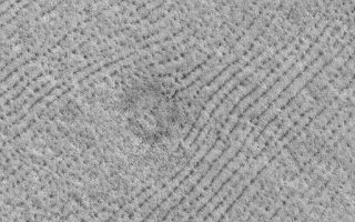 <h1>PIA04795:  Northern Plains Patterns</h1><div class="PIA04795" lang="en" style="width:513px;text-align:left;margin:auto;background-color:#000;padding:10px;max-height:150px;overflow:auto;">MGS MOC Release No. MOC2-513, 14 October 2003<p />Patterns are common on the northern plains of Mars. Like their terrestrial counterparts in places like Siberia, Alaska, and northern Canada, patterned ground on Mars might be an indicator of the presence of ground ice. Whether it is true that the patterns on Mars are related to ground ice and whether the ice is still present beneath the martian surface are unknown. This Mars Global Surveyor (MGS) Mars Orbiter Camera (MOC) picture shows an example of patterned ground on the martian northern plains near 72.4°N, 252.6°W. The dark dots and lines are low mounds and chains of mounds. The circular feature near the center of the image is the location of a buried meteor impact crater; its presence today is marked only by the dark boulders on its rim and ejecta blanket that have managed to remain uncovered at the martian surface. The area shown is 3 km (1.9 mi) wide and illuminated by sunlight from the lower left.<br /><br /><a href="http://photojournal.jpl.nasa.gov/catalog/PIA04795" onclick="window.open(this.href); return false;" title="Voir l'image 	 PIA04795:  Northern Plains Patterns	  sur le site de la NASA">Voir l'image 	 PIA04795:  Northern Plains Patterns	  sur le site de la NASA.</a></div>