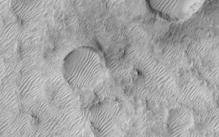<h1>PIA04811:  Rippled Mars</h1><div class="PIA04811" lang="en" style="width:799px;text-align:left;margin:auto;background-color:#000;padding:10px;max-height:150px;overflow:auto;">MGS MOC Release No. MOC2-524, 25 October 2003<p />This Mars Global Surveyor (MGS) Mars Orbiter Camera (MOC) image shows a rugged surface southwest of Huygens Basin that is covered by large windblown ripples or small dunes. Their orientations indicate that the responsible winds came from either the northwest (upper left) or southeast (lower right), or both. The more complex ripple patterns within the two large craters result from local topographic influences on the wind. This area is located near 20.1°S, 307.3°W. The picture covers an area about 3 km (1.9 mi) across and is illuminated by sunlight from the upper left.<br /><br /><a href="http://photojournal.jpl.nasa.gov/catalog/PIA04811" onclick="window.open(this.href); return false;" title="Voir l'image 	 PIA04811:  Rippled Mars	  sur le site de la NASA">Voir l'image 	 PIA04811:  Rippled Mars	  sur le site de la NASA.</a></div>