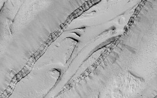 <h1>PIA04844:  Olympica Fossae</h1><div class="PIA04844" lang="en" style="width:675px;text-align:left;margin:auto;background-color:#000;padding:10px;max-height:150px;overflow:auto;">MGS MOC Release No. MOC2-534, 4 November 2003<p />This Mars Global Surveyor (MGS) Mars Orbiter Camera (MOC) image shows a picturesque view of terrain in the Olympica Fossae region of Mars. This valley system is known for having a complex array of landforms thought to have been carved by water, cut by faulting, and covered by lava flows and windblown dust. The view shown here includes a look at some of the layered bedrock exposed by the forces that created the valley. The dark dots on the floors of the valleys are large boulders that have rolled down the slopes. Much of this scene has been mantled by fine, bright dust; dark streaks on the slopes indicate places where some of this dust has slid. This picture is located near 24.5°N, 115.9°W. The image covers an area 3 km (1.9 mi) across and is illuminated by sunlight from the lower left.<br /><br /><a href="http://photojournal.jpl.nasa.gov/catalog/PIA04844" onclick="window.open(this.href); return false;" title="Voir l'image 	 PIA04844:  Olympica Fossae	  sur le site de la NASA">Voir l'image 	 PIA04844:  Olympica Fossae	  sur le site de la NASA.</a></div>