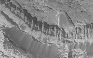 <h1>PIA04881:  Rocks Exposed on Slope in Aram Chaos</h1><div class="PIA04881" lang="en" style="width:800px;text-align:left;margin:auto;background-color:#000;padding:10px;max-height:150px;overflow:auto;">MGS MOC Release No. MOC2-550, 20 November 2003<p />This spectacular vista of sedimentary rocks outcropping on a slope in Aram Chaos was acquired by the Mars Global Surveyor (MGS) Mars Orbiter Camera (MOC) on 14 November 2003. Dark piles of coarse talus have come down the slopes as these materials continue to erode over time. Note that there are no small meteor impact craters in this image, indicating that erosion of these outcrops has been recent, if not on-going. This area is located near 2.8°S, 20.5°W. The 200 meter scale bar is about 656 feet across. Sunlight illuminates the scene from the lower right.<br /><br /><a href="http://photojournal.jpl.nasa.gov/catalog/PIA04881" onclick="window.open(this.href); return false;" title="Voir l'image 	 PIA04881:  Rocks Exposed on Slope in Aram Chaos	  sur le site de la NASA">Voir l'image 	 PIA04881:  Rocks Exposed on Slope in Aram Chaos	  sur le site de la NASA.</a></div>