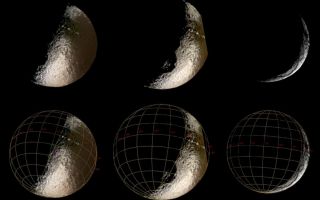 <h1>PIA06145:  Waning Iapetus</h1><div class="PIA06145" lang="en" style="width:800px;text-align:left;margin:auto;background-color:#000;padding:10px;max-height:150px;overflow:auto;"><p>These spectacular Cassini images of Saturn's moon Iapetus show an enticing world of contrasts.</p><p>These are the sharpest views of Iapetus from Cassini so far, and they represent better resolution than the best images of this moon achieved by NASA's Voyager spacecraft. Images obtained using ultraviolet (centered at 338 nanometers), green (568 nanometers) and infrared (930 nanometers) filters were combined to produce the enhanced color views at left and center; the image at the right was obtained in visible white light. The images on the bottom row are identical to those on top, with the addition of an overlying coordinate grid.</p><p>These views show parts of the moon's anti-Saturn side--the side that faces away from the ringed planet--which will not be imaged again by Cassini until Sept., 2007. In the central view, part of the moon's eastern edge was not imaged and appears to be cut off.</p><p>With a diameter of 1,436 kilometers (892 miles), Iapetus is Saturn's third largest moon. It is famous for the dramatic contrasts in brightness on its surface--the leading hemisphere is as dark as a freshly-tarred street, and the trailing hemisphere and poles almost as bright as snow.</p><p>Many impact craters can be seen in the bright terrain and in the transition zone between bright and dark, and for the first time in parts of the dark terrain. Also visible is a line of mountains that appear as a string of bright dots in the two color images at left, and on the eastern limb in the image at right. These mountains were originally detected in Voyager images, and might compete in height with the tallest mountains on Earth, Jupiter's moon Io and possibly even Mars. Further observations will be required to precisely determine their heights. Interestingly, the line of peaks is aligned remarkably close to the equator of Iapetus.</p><p>The large circular feature rotating into view in the southern hemisphere is probably an impact structure with a diameter of more than 400 kilometers (250 miles), and was first seen in low-resolution Cassini images just two months earlier.</p><p>Theses images were taken with the Cassini spacecraft narrow angle camera between Oct, 15 and 20, 2004, at distances of 1.2, 1.1 and 1.3 million kilometers (746,000, 684,000 and 808,000 miles) from Iapetus, respectively. The Sun-Iapetus-spacecraft, or phase, angle changes from 88 to 144 degrees across the three images. The image scale is approximately 7 kilometers (4.5 miles) per pixel.</p><p>The Cassini-Huygens mission is a cooperative project of NASA, the European Space Agency and the Italian Space Agency. The Jet Propulsion Laboratory, a division of the California Institute of Technology in Pasadena, manages the Cassini-Huygens mission for NASA's Office of Space Science, Washington, D.C. The Cassini orbiter and its two onboard cameras, were designed, developed and assembled at JPL. The imaging team is based at the Space Science Institute, Boulder, Colo.</p><p>For more information, about the Cassini-Huygens mission visit, <a href="http://saturn.jpl.nasa.gov/">http://saturn.jpl.nasa.gov</a> and the Cassini imaging team home page, <a href="http://ciclops.org/">http://ciclops.org</a>.</p><br /><br /><a href="http://photojournal.jpl.nasa.gov/catalog/PIA06145" onclick="window.open(this.href); return false;" title="Voir l'image 	 PIA06145:  Waning Iapetus	  sur le site de la NASA">Voir l'image 	 PIA06145:  Waning Iapetus	  sur le site de la NASA.</a></div>