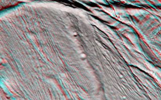 <h1>PIA06189:  Cassini Views Enceladus in Stereo</h1><div class="PIA06189" lang="en" style="width:774px;text-align:left;margin:auto;background-color:#000;padding:10px;max-height:150px;overflow:auto;"><p>The Cassini narrow angle camera took images of the ropy, taffy-like topography of Saturn's moon Enceladus from many different angles as the spacecraft flew by on Feb. 17, 2005. Images from different directions allow construction of stereo views such as this, which are helpful in interpreting the complex topography.</p><p>This view of an area about 60 kilometers (37 miles) across shows several different kinds of ridge-and-trough topography, indicative of a variety of horizontal forces near the surface of this 505-kilometer (314-mile) diameter satellite.</p><p>Several different kinds of deformation are visible, and a small population of impact craters shows that this is some of the younger terrain on Enceladus. Sunlight illuminates the scene from the bottom.</p><p>Interestingly, the topographic relief is only about one kilometer, which is quite low for a small, low-gravity satellite. However, this is consistent with other evidence that points to interior melting and resurfacing in Enceladus' history.</p><p>The images for this anaglyph were taken in visible light with the narrow angle camera, from distances ranging from 10,750 kilometers (6,680 miles, red image) to 24,861 kilometers (15,448 miles, blue image) from Enceladus, and at Sun-Enceladus-spacecraft, or phase, angles from 32 to 27 degrees. Pixel scale in the red image is 60 meters (197 feet) per pixel; scale in the blue image is 150 meters (492 feet) per pixel. The images have been contrast-enhanced to aid visibility.</p><p>A separate, non-stereo version of the scene, showing only the red image is also available (see <a href="/catalog/PIA06190">PIA06190</a>). </p><p>The Cassini-Huygens mission is a cooperative project of NASA, the European Space Agency and the Italian Space Agency. The Jet Propulsion Laboratory, a division of the California Institute of Technology in Pasadena, manages the mission for NASA's Science Mission Directorate, Washington, D.C. The Cassini orbiter and its two onboard cameras were designed, developed and assembled at JPL. The imaging team is based at the Space Science Institute, Boulder, Colo.</p><p>For more information about the Cassini-Huygens mission, visit <a href="http://saturn.jpl.nasa.gov">http://saturn.jpl.nasa.gov</a> and the Cassini imaging team home page, <a href="http://ciclops.org">http://ciclops.org</a>.</p><br /><br /><a href="http://photojournal.jpl.nasa.gov/catalog/PIA06189" onclick="window.open(this.href); return false;" title="Voir l'image 	 PIA06189:  Cassini Views Enceladus in Stereo	  sur le site de la NASA">Voir l'image 	 PIA06189:  Cassini Views Enceladus in Stereo	  sur le site de la NASA.</a></div>