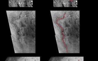 <h1>PIA06202:  Tracing Surface Features on Titan--Close-Ups</h1><div class="PIA06202" lang="en" style="width:778px;text-align:left;margin:auto;background-color:#000;padding:10px;max-height:150px;overflow:auto;"><p>These images of Titan's south polar region were acquired during Cassini's first distant encounter with the smog-enshrouded moon on July 2, 2004. The spacecraft approached Titan at a distance of about 340,000 kilometers (211,000 miles) during this flyby.</p><p>This montage contains pairs of close-up images, with the original images (at left) and also versions in which some of the narrow, dark, curvilinear and rectilinear surface features have been traced by red lines (at right). These dark features may be examples of surface channels and deeper crustal structures such as faults. The longest features (in the third and fourth pairs from the top) extend for as much as 1,500 kilometers (930 miles) across the surface and are as narrow as 10 kilometers (6 miles) across. At the bottom left, a single frame shows a small, dark, circular feature, which could be an impact crater. For reference, the white bar at the bottom right is a 1,000-kilometers-long (620 mile) scale bar.</p><p>A large mosaic of this region and the source of the images in this montage is also available (see <a href="/catalog/PIA06203">PIA06203</a>). </p><p>The Cassini-Huygens mission is a cooperative project of NASA, the European Space Agency and the Italian Space Agency. The Jet Propulsion Laboratory, a division of the California Institute of Technology in Pasadena, manages the mission for NASA's Science Mission Directorate, Washington, D.C. The Cassini orbiter and its two onboard cameras were designed, developed and assembled at JPL. The imaging team is based at the Space Science Institute, Boulder, Colo.</p><p>For more information about the Cassini-Huygens mission, visit <a href="http://saturn.jpl.nasa.gov">http://saturn.jpl.nasa.gov</a> and the Cassini imaging team home page, <a href="http://ciclops.org">http://ciclops.org</a>.</p><br /><br /><a href="http://photojournal.jpl.nasa.gov/catalog/PIA06202" onclick="window.open(this.href); return false;" title="Voir l'image 	 PIA06202:  Tracing Surface Features on Titan--Close-Ups	  sur le site de la NASA">Voir l'image 	 PIA06202:  Tracing Surface Features on Titan--Close-Ups	  sur le site de la NASA.</a></div>