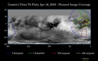<h1>PIA06218:  Cassini's April 16 Flyby of Titan</h1><div class="PIA06218" lang="en" style="width:800px;text-align:left;margin:auto;background-color:#000;padding:10px;max-height:150px;overflow:auto;"><p>This map of Titan's surface illustrates the regions that will be imaged by Cassini during the spacecraft's close flyby of the smog-enshrouded moon on April 16, 2005. At closest approach, the spacecraft is expected to pass approximately 1,025 kilometers (640 miles) above the moon's surface.</p><p>The colored lines delineate the regions that will be imaged at differing resolutions. </p><p>Images from this encounter will add to those taken during the March 31, 2005, flyby and improve the moderate resolution coverage of this region. The imaging coverage will include the eastern portion of territory observed by Cassini's radar instrument in October 2004 and February 2005, and will provide a way to compare the surface as viewed by the different instruments. Such comparisons (see <a href="/catalog/PIA06222">PIA06222</a>) will provide insight into the nature of Titan's surface.</p><p>The higher-resolution (yellow boxes) have been spread out around a central mosaic in order to maximize coverage of this region by the visual and infrared mapping spectrometer which will be observing simultaneously with the cameras of the imaging science subsystem.</p><p>The map shows only brightness variations on Titan's surface (the illumination is such that there are no shadows and no shading due to topographic variations). Previous observations indicate that, due to Titan's thick, hazy atmosphere, the sizes of surface features that can be resolved are a few times larger than the actual pixel scale labeled on the map.</p><p>The images for this global map were obtained using a narrow band filter centered at 938 nanometers-- a near-infrared wavelength (invisible to the human eye). At this wavelength, light can penetrate Titan's atmosphere to reach the surface and return through the atmosphere to be detected by the camera. The images have been processed to enhance surface details.</p><p>It is currently northern winter on Titan, so the moon's high northern latitudes are not illuminated, resulting in the lack of coverage north of 35 degrees north latitude.</p><p>At 5,150 kilometers (3,200 miles) across, Titan is one of the solar system's largest moons.</p><p>The Cassini-Huygens mission is a cooperative project of NASA, the European Space Agency and the Italian Space Agency. The Jet Propulsion Laboratory, a division of the California Institute of Technology in Pasadena, manages the mission for NASA's Science Mission Directorate, Washington, D.C. The Cassini orbiter and its two onboard cameras were designed, developed and assembled at JPL. The imaging team is based at the Space Science Institute, Boulder, Colo.</p><p>For more information about the Cassini-Huygens mission visit <a href="http://saturn.jpl.nasa.gov">http://saturn.jpl.nasa.gov</a>. For additional images visit the Cassini imaging team homepage <a href="http://ciclops.org">http://ciclops.org</a>.</p><br /><br /><a href="http://photojournal.jpl.nasa.gov/catalog/PIA06218" onclick="window.open(this.href); return false;" title="Voir l'image 	 PIA06218:  Cassini's April 16 Flyby of Titan	  sur le site de la NASA">Voir l'image 	 PIA06218:  Cassini's April 16 Flyby of Titan	  sur le site de la NASA.</a></div>