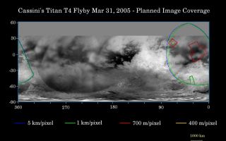 <h1>PIA06219:  Cassinis T4 Flyby</h1><div class="PIA06219" lang="en" style="width:800px;text-align:left;margin:auto;background-color:#000;padding:10px;max-height:150px;overflow:auto;"><p>This map of Titan's surface illustrates the regions that will be imaged by Cassini during the spacecraft's close flyby of the haze-covered moon on March 31, 2005. At closest approach, the spacecraft is expected to pass approximately 2,400 kilometers (1,500 miles) above the moons surface.</p><p>The colored lines delineate the regions that will be imaged at different resolutions. Images from this encounter will include the eastern portion of territory observed by Cassinis radar instrument in October 2004 and February 2005. This will be the Cassini cameras' best view to date of this area of Titan.</p><p>The higher resolution (red) box at the northwestern edge of the covered region targets the area observed by Cassini's synthetic aperture radar at the closest approach point of the February flyby. The Cassini visual and infrared mapping spectrometer experiment will also be targeting this area during the March 31 flyby, yielding coverage of the same part of Titan's surface by three different instruments.</p><p>The map shows only brightness variations on Titan's surface (the illumination is such that there are no shadows and no shading due to topographic variations). Previous observations indicate that, due to Titan's thick, hazy atmosphere, the sizes of surface features that can be resolved are a few to five times larger than the actual pixel scale labeled on the map.</p><p>The images for this global map were obtained using a narrow band filter centered at 938 nanometers -- a near-infrared wavelength (invisible to the human eye). At that wavelength, light can penetrate Titan's atmosphere to reach the surface and return through the atmosphere to be detected by the camera. The images have been processed to enhance surface details.</p><p>It is currently northern winter on Titan, so the moon's high northern latitudes are not illuminated, resulting in the lack of coverage north of 35 degrees north latitude. </p><p>At 5,150 kilometers (3,200 miles) across, Titan is one of the solar system's largest moons. </p><p>The Cassini-Huygens mission is a cooperative project of NASA, the European Space Agency and the Italian Space Agency. The Jet Propulsion Laboratory, a division of the California Institute of Technology in Pasadena, manages the mission for NASA's Science Mission Directorate, Washington, D.C. The Cassini orbiter and its two onboard cameras were designed, developed and assembled at JPL. The imaging team is based at the Space Science Institute, Boulder, Colo.</p><p>For more information about the Cassini-Huygens mission, visit <a href="http://saturn.jpl.nasa.gov">http://saturn.jpl.nasa.gov</a> and the Cassini imaging team home page, <a href="http://ciclops.org">http://ciclops.org</a>.</p><br /><br /><a href="http://photojournal.jpl.nasa.gov/catalog/PIA06219" onclick="window.open(this.href); return false;" title="Voir l'image 	 PIA06219:  Cassinis T4 Flyby	  sur le site de la NASA">Voir l'image 	 PIA06219:  Cassinis T4 Flyby	  sur le site de la NASA.</a></div>