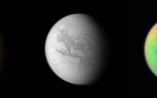 <h1>PIA06227:  Cassini's Three Views of Titan</h1><div class="PIA06227" lang="en" style="width:800px;text-align:left;margin:auto;background-color:#000;padding:10px;max-height:150px;overflow:auto;"><p>These three views of Titan from the Cassini spacecraft illustrate how different the same place can look in different wavelengths of light. Cassini's cameras have numerous filters that reveal features above and beneath the shroud of Titan's atmosphere.</p><p>The first image, a natural color composite, is a combination of images taken through three filters that are sensitive to red, green and violet light. It shows approximately what Titan would look like to the human eye: a hazy orange globe surrounded by a tenuous, bluish haze. The orange color is due to the hydrocarbon particles which make up Titan's atmospheric haze. This obscuring haze was particularly frustrating for planetary scientists following the NASA Voyager mission encounters in 1980-81. Fortunately, Cassini is able to pierce Titan's veil at infrared wavelengths. A single view of this composite is also available (see <a href="/catalog/PIA06230">PIA06230</a>).</p><p>The second, monochrome view shows what Titan looks like at 938 nanometers, a near-infrared wavelength that allows Cassini to see through the hazy atmosphere and down to the surface. The view was created by combining three separate images taken with this filter, in order to improve the visibility of surface features. The variations in brightness on the surface are real differences in the reflectivity of the materials on Titan. A single view of this image is also available (see <a href="/catalog/PIA06228">PIA06228</a>).</p><p>The third view, which is a false-color composite, was created by combining two infrared images (taken at 938 and 889 nanometers) with a visible light image (taken at 420 nanometers). Green represents areas where Cassini is able to see down to the surface. Red represents areas high in Titan's stratosphere where atmospheric methane is absorbing sunlight. Blue along the moon's outer edge represents visible violet wavelengths at which the upper atmosphere and detached hazes are better seen. A single view of this composite is also available (see <a href="/catalog/PIA06229">PIA06229</a>).</p><p>A similar false-color image showing the opposite hemisphere of Titan was created from images taken during Cassini's first close flyby of the smoggy moon in October 2004 (see <a href="/catalog/PIA06139">PIA06139</a>). At that time, clouds could be seen near Titan's south pole, but in these more recent observations no clouds are seen.</p><p>North on Titan is up and tilted 30 degrees to the right.</p><p>All of these images were taken with the Cassini spacecraft wide angle camera on April 16, 2005, at distances ranging from approximately 173,000 to 168,200 kilometers (107,500 to 104,500 miles) from Titan and from a Sun-Titan-spacecraft, or phase, angle of 56 degrees. Resolution in the images approximately 10 kilometers per pixel.</p><p>The Cassini-Huygens mission is a cooperative project of NASA, the European Space Agency and the Italian Space Agency. The Jet Propulsion Laboratory, a division of the California Institute of Technology in Pasadena, manages the mission for NASA's Science Mission Directorate, Washington, D.C. The Cassini orbiter and its two onboard cameras were designed, developed and assembled at JPL. The imaging team is based at the Space Science Institute, Boulder, Colo.</p><p>For more information about the Cassini-Huygens mission visit <a href="http://saturn.jpl.nasa.gov">http://saturn.jpl.nasa.gov</a>. For additional images visit the Cassini imaging team homepage <a href="http://ciclops.org">http://ciclops.org</a>.</p><br /><br /><a href="http://photojournal.jpl.nasa.gov/catalog/PIA06227" onclick="window.open(this.href); return false;" title="Voir l'image 	 PIA06227:  Cassini's Three Views of Titan	  sur le site de la NASA">Voir l'image 	 PIA06227:  Cassini's Three Views of Titan	  sur le site de la NASA.</a></div>