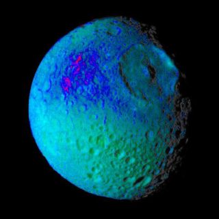 <h1>PIA06259:  Mimas Showing False Colors #2</h1><div class="PIA06259" lang="en" style="width:583px;text-align:left;margin:auto;background-color:#000;padding:10px;max-height:150px;overflow:auto;"><p>This false color image of Saturn's moon Mimas reveals variation in either the composition or texture across its surface.</p><p>During its approach to Mimas on Aug. 2, 2005, the Cassini spacecraft narrow-angle camera obtained multi-spectral views of the moon from a range of 228,000 kilometers (142,500 miles).  </p><p>This image is a color composite of narrow-angle ultraviolet, green, infrared and clear filter images, which have been specially processed to accentuate subtle changes in the spectral properties of Mimas' surface materials. To create this view, three color images (ultraviolet, green and infrared) were combined with a single black and white picture that isolates and maps regional color differences to create the final product.</p><p>Shades of blue and violet in the image at the right are used to identify surface materials that are bluer in color and have a weaker infrared brightness than average Mimas materials, which are represented by green.</p><p>Herschel crater, a 140-kilometer-wide (88-mile) impact feature with a prominent central peak, is visible in the upper right of the image. The unusual bluer materials are seen to broadly surround Herschel crater.  However, the bluer material is not uniformly distributed in and around the crater.  Instead, it appears to be concentrated on the outside of the crater and more to the west than to the north or south.  The origin of the color differences is not yet understood.  It may represent ejecta material that was excavated from inside Mimas when the Herschel impact occurred.  The bluer color of these materials may be caused by subtle differences in the surface composition or the sizes of grains making up the icy soil.</p><p>This image was obtained when the Cassini spacecraft was above 25 degrees south, 134 degrees west latitude and longitude.  The Sun-Mimas-spacecraft angle was 45 degrees and north is at the top.</p><p>The Cassini-Huygens mission is a cooperative project of NASA, the European Space Agency and the Italian Space Agency.  The Jet Propulsion Laboratory, a division of the California Institute of Technology in Pasadena, manages the mission for NASA's Science Mission Directorate, Washington, D.C. The Cassini orbiter and its two onboard cameras were designed, developed and assembled at JPL.  The imaging operations center is based at the Space Science Institute in Boulder, Colo.</p><p>For more information about the Cassini-Huygens mission visit http://saturn.jpl.nasa.gov . The Cassini imaging team homepage is at http://ciclops.org .</p><br /><br /><a href="http://photojournal.jpl.nasa.gov/catalog/PIA06259" onclick="window.open(this.href); return false;" title="Voir l'image 	 PIA06259:  Mimas Showing False Colors #2	  sur le site de la NASA">Voir l'image 	 PIA06259:  Mimas Showing False Colors #2	  sur le site de la NASA.</a></div>
