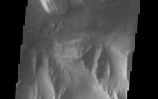 <h1>PIA06876:  Ophir Chasma Etched Rock</h1><div class="PIA06876" lang="en" style="width:545px;text-align:left;margin:auto;background-color:#000;padding:10px;max-height:150px;overflow:auto;"><a href="/figures/PIA06876_fig1.jpg"> </a><br /><p>The Odyssey spacecraft has taken some great pictures of Valles Marineris, the largest canyon in the solar system. If this canyon were on Earth, it would stretch from New York to Los Angeles. For the next several weeks, the Image of the Day will tour some of the canyons that make up this vast system. We will start with Ius Chasma in the west, and end with Coprates Chasma to the east. For more information on Vallis Marineris, please see <a href="http://mars.jpl.nasa.gov/mep/science/vm.html">http://mars.jpl.nasa.gov/mep/science/vm.html</a>.</p><p>The hill formation on the bottom half of the image separates Ophir (northern) and Candor (southern) Chasmas. The top half of the image shows an interesting wind etched rock formation in Ophir Chasma.</p>Image information: VIS instrument. Latitude -4.7, Longitude 287.1 East (72.9 West). 19 meter/pixel resolution.</p><p>Note: this THEMIS visual image has not been radiometrically nor geometrically calibrated for this preliminary release. An empirical correction has been performed to remove instrumental effects. A linear shift has been applied in the cross-track and down-track direction to approximate spacecraft and planetary motion. Fully calibrated and geometrically projected images will be released through the Planetary Data System in accordance with Project policies at a later time.</p><p>NASA's Jet Propulsion Laboratory manages the 2001 Mars Odyssey mission for NASA's Office of Space Science, Washington, D.C. The Thermal Emission Imaging System (THEMIS) was developed by Arizona State University, Tempe, in collaboration with Raytheon Santa Barbara Remote Sensing. The THEMIS investigation is led by Dr. Philip Christensen at Arizona State University. Lockheed Martin Astronautics, Denver, is the prime contractor for the Odyssey project, and developed and built the orbiter. Mission operations are conducted jointly from Lockheed Martin and from JPL, a division of the California Institute of Technology in Pasadena.</p><br /><br /><a href="http://photojournal.jpl.nasa.gov/catalog/PIA06876" onclick="window.open(this.href); return false;" title="Voir l'image 	 PIA06876:  Ophir Chasma Etched Rock	  sur le site de la NASA">Voir l'image 	 PIA06876:  Ophir Chasma Etched Rock	  sur le site de la NASA.</a></div>