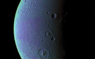 <h1>PIA07691:  Dione Has Her Faults (False Color)</h1><div class="PIA07691" lang="en" style="width:797px;text-align:left;margin:auto;background-color:#000;padding:10px;max-height:150px;overflow:auto;"><p>This view highlights tectonic faults and craters on Dione, an icy world that has undoubtedly experienced geologic activity since its formation.</p><p>To create the enhanced-color view, ultraviolet, green and infrared images were combined into a single black and white picture that isolates and maps regional color differences. This "color map" was then superposed over a clear-filter image. The origin of the color differences is not yet understood, but may be caused by subtle differences in the surface composition or the sizes of grains making up the icy soil.</p><p>This view looks toward the leading hemisphere on Dione (1,126 kilometers, or 700 miles across). North is up and rotated 20 degrees to the right.</p><p>See <a href="/catalog/PIA07690">PIA07690</a> for a similar monochrome view.</p><p>All images were acquired with the Cassini spacecraft narrow-angle camera on Dec. 24, 2005 at a distance of approximately 151,000 kilometers (94,000 miles) from Dione and at a Sun-Dione-spacecraft, or phase, angle of 99 degrees. Image scale is 896 meters (2,940 feet) per pixel.</p><p>The Cassini-Huygens mission is a cooperative project of NASA, the European Space Agency and the Italian Space Agency. The Jet Propulsion Laboratory, a division of the California Institute of Technology in Pasadena, manages the mission for NASA's Science Mission Directorate, Washington, D.C. The Cassini orbiter and its two onboard cameras were designed, developed and assembled at JPL. The imaging operations center is based at the Space Science Institute in Boulder, Colo.</p><p>For more information about the Cassini-Huygens mission visit <a href="http://saturn.jpl.nasa.gov">http://saturn.jpl.nasa.gov</a>. The Cassini imaging team homepage is at <a href="http://ciclops.org">http://ciclops.org</a>.</p><br /><br /><a href="http://photojournal.jpl.nasa.gov/catalog/PIA07691" onclick="window.open(this.href); return false;" title="Voir l'image 	 PIA07691:  Dione Has Her Faults (False Color)	  sur le site de la NASA">Voir l'image 	 PIA07691:  Dione Has Her Faults (False Color)	  sur le site de la NASA.</a></div>