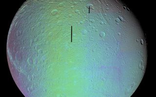 <h1>PIA07747:  Dione in Full View - False Color</h1><div class="PIA07747" lang="en" style="width:800px;text-align:left;margin:auto;background-color:#000;padding:10px;max-height:150px;overflow:auto;"><p>The cratered and cracked disk of Saturn's moon Dione looms ahead in this mosaic of images taken by Cassini on Oct. 11, 2005, as it neared its close encounter with the icy moon.</p><p>In this false-color mosaic, the clear-filter images are overlain by color composited from (compressed) infrared, green and ultraviolet images. The colors have been specially processed to accentuate subtle changes in the spectral properties of Dione's surface materials.</p><p>To create the color view, the color images were combined into a single black and white picture that isolates and maps regional color differences. This "color map" was then superimposed over the clear-filter mosaic. Gaps in the imaging coverage appear black.</p><p>Multiple generations of tectonics can be seen in this full-disk view. Near the eastern limb (at the right) are tectonic fractures, which may be similar to the bright, braided canyons that make up Dione's noted wispy terrain. Some of the bright, wispy markings can be seen at the left.</p><p>The softer ridges and troughs at the upper right appear to be about the same age as the cratering seen in that region. These appear to be older than the fracturing seen in the wispy terrain and the fractures seen at the right. </p><p>Scientists continue to be intrigued by the strikingly linear features seen crisscrossing the southern latitudes. The fine latitudinal streaks appear to crosscut everything, and appear to be the youngest feature type in this region of Dione.</p><p>A large impact basin hugs the south polar region (at the bottom, right of center). Northeast of the basin is a region of terrain that is relatively smooth, compared to the rest of the moon.</p><p>This view of Dione is centered on 1.3 degrees south latitude, 167.6 degrees west longitude. For a clear-filter view see <a href="/catalog/PIA07746">PIA07746</a>.</p><p>The images in the mosaic were obtained with the Cassini spacecraft narrow-angle camera at distances ranging from of 55,280 to 27,180 kilometers (34,350 to 16,890 miles) from Dione. The full-size versions of the mosaics have an image scale of 316 meters (1,036 feet) per pixel. </p><p>The Cassini-Huygens mission is a cooperative project of NASA, the European Space Agency and the Italian Space Agency. The Jet Propulsion Laboratory, a division of the California Institute of Technology in Pasadena, manages the mission for NASA's Science Mission Directorate, Washington, D.C. The Cassini orbiter and its two onboard cameras were designed, developed and assembled at JPL. The imaging operations center is based at the Space Science Institute in Boulder, Colo.</p><p>For more information about the Cassini-Huygens mission visit <a href="http://saturn.jpl.nasa.gov">http://saturn.jpl.nasa.gov</a>. The Cassini imaging team homepage is at <a href="http://ciclops.org">http://ciclops.org</a>.</p><br /><br /><a href="http://photojournal.jpl.nasa.gov/catalog/PIA07747" onclick="window.open(this.href); return false;" title="Voir l'image 	 PIA07747:  Dione in Full View - False Color	  sur le site de la NASA">Voir l'image 	 PIA07747:  Dione in Full View - False Color	  sur le site de la NASA.</a></div>