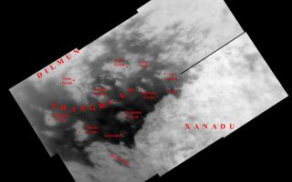 <h1>PIA07752:  Naming New Lands - October Flyby (annotated)</h1><div class="PIA07752" lang="en" style="width:800px;text-align:left;margin:auto;background-color:#000;padding:10px;max-height:150px;overflow:auto;"><p>Like an ancient mariner charting the coastline of an unexplored wilderness, Cassini's repeated encounters with Titan are turning a mysterious world into a more familiar place.</p><p>During a Titan flyby on Oct. 28, 2005, the spacecraft's narrow-angle camera acquired multiple images that were combined to create the mosaic presented here. Provisional names applied to Titan's features are shown; an unannotated version of the mosaic is also available (see <a href="/catalog/PIA07754">PIA07754</a>).</p><p>The mosaic is a high resolution close-up of two contrasting regions: dark Shangri-La and bright Xanadu. This view has a resolution of 1 kilometer (0.6 mile) per pixel and is centered at 2.5 degrees north latitude, 145 degrees west longitude, near the feature called Santorini Facula. The mosaic is composed of 10 images obtained on Oct. 28, 2005, each processed to enhance surface detail. It is an orthographic projection, rotated so that north on Titan is up.</p><p>The Cassini-Huygens mission is a cooperative project of NASA, the European Space Agency and the Italian Space Agency. The Jet Propulsion Laboratory, a division of the California Institute of Technology in Pasadena, manages the mission for NASA's Science Mission Directorate, Washington, D.C. The Cassini orbiter and its two onboard cameras were designed, developed and assembled at JPL. The imaging operations center is based at the Space Science Institute in Boulder, Colo.</p><p>For more information about the Cassini-Huygens mission visit <a href="http://saturn.jpl.nasa.gov">http://saturn.jpl.nasa.gov</a>. The Cassini imaging team homepage is at <a href="http://ciclops.org">http://ciclops.org</a>.</p><br /><br /><a href="http://photojournal.jpl.nasa.gov/catalog/PIA07752" onclick="window.open(this.href); return false;" title="Voir l'image 	 PIA07752:  Naming New Lands - October Flyby (annotated)	  sur le site de la NASA">Voir l'image 	 PIA07752:  Naming New Lands - October Flyby (annotated)	  sur le site de la NASA.</a></div>